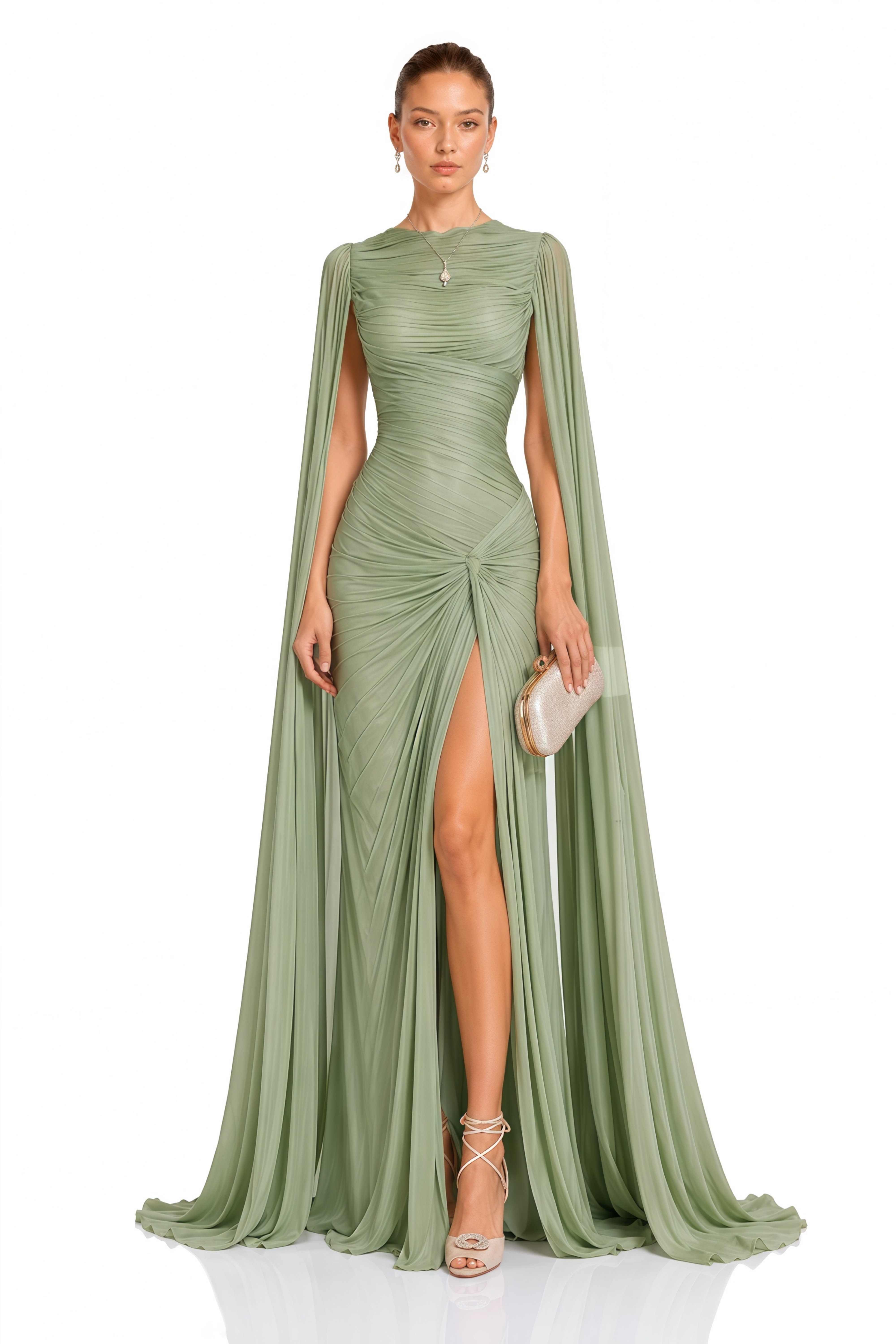 Eowyn Green Cape Sleeves Twist Slit Maxi Dress