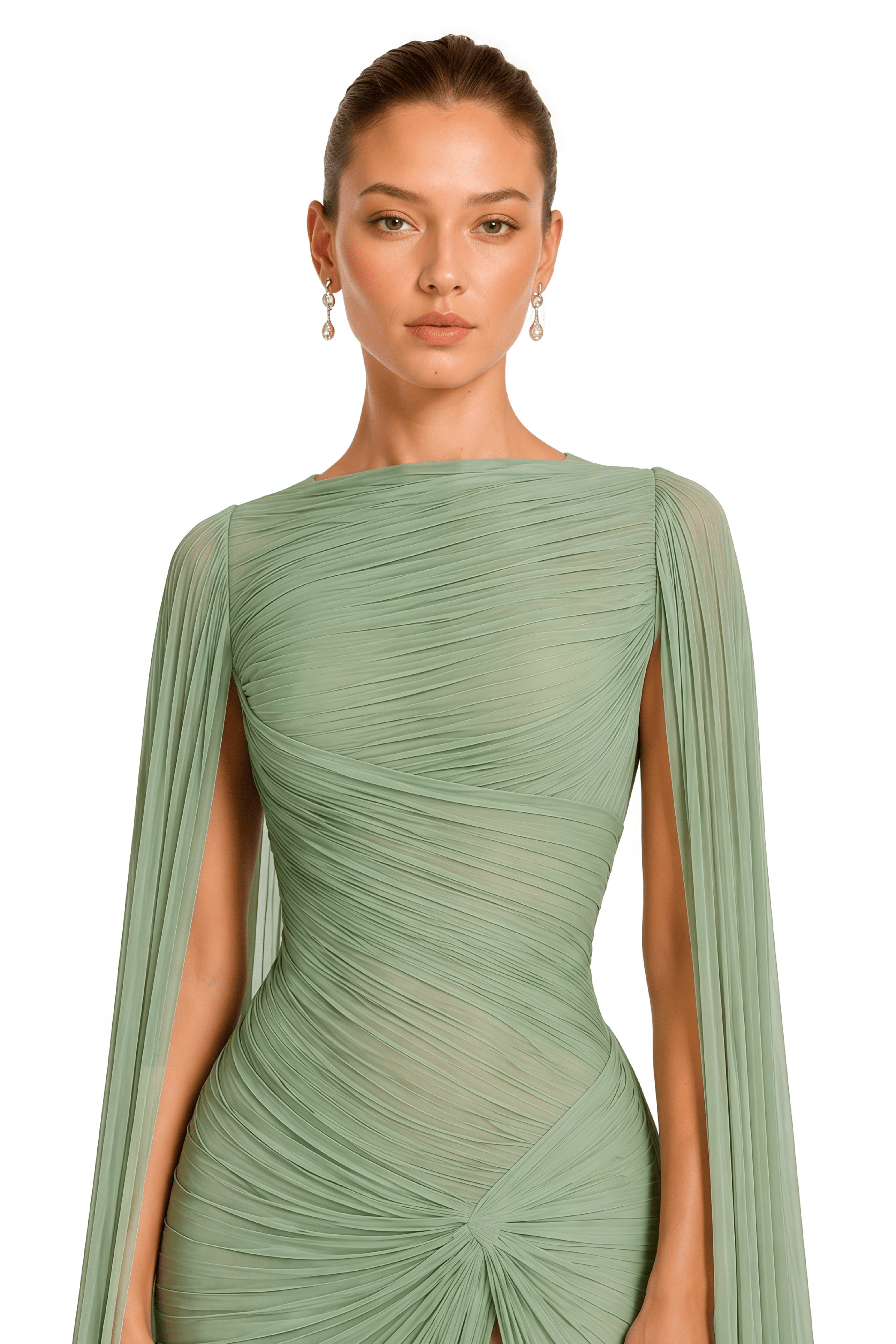 Eowyn Green Cape Sleeves Twist Slit Maxi Dress