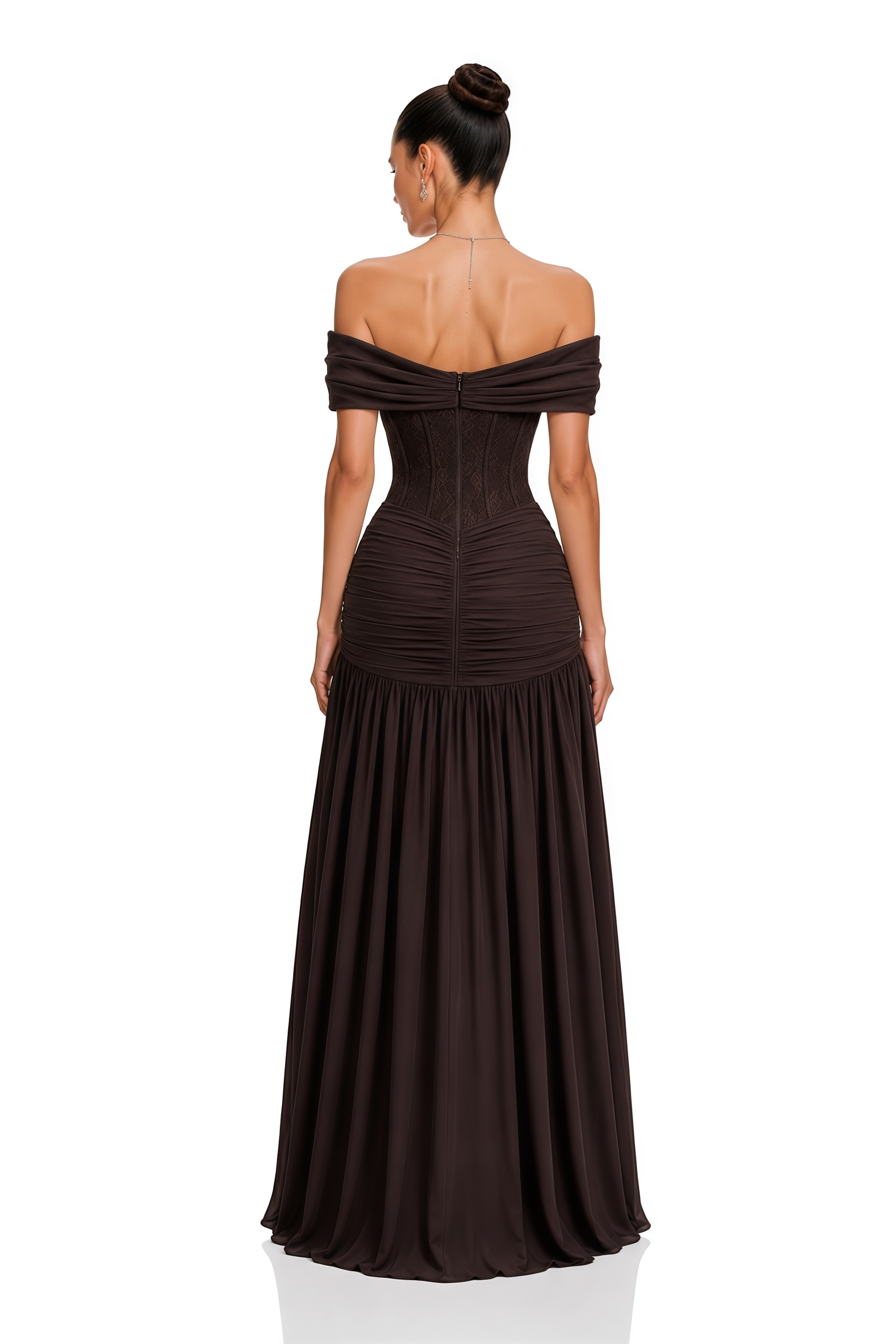 Eponine Brown Lace Ruched Off-Shoulder Maxi Dres