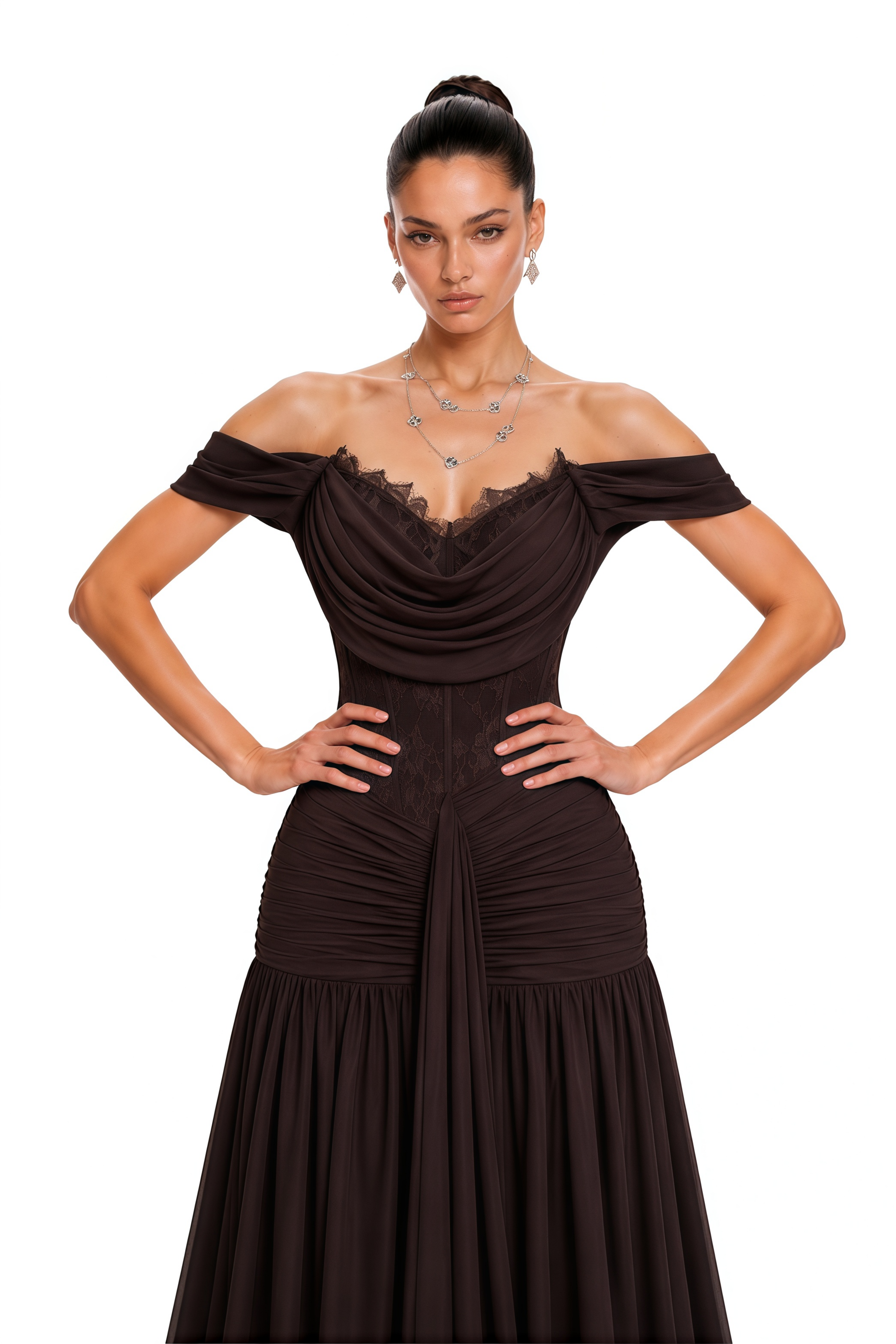 Eponine Brown Lace Ruched Off-Shoulder Maxi Dres