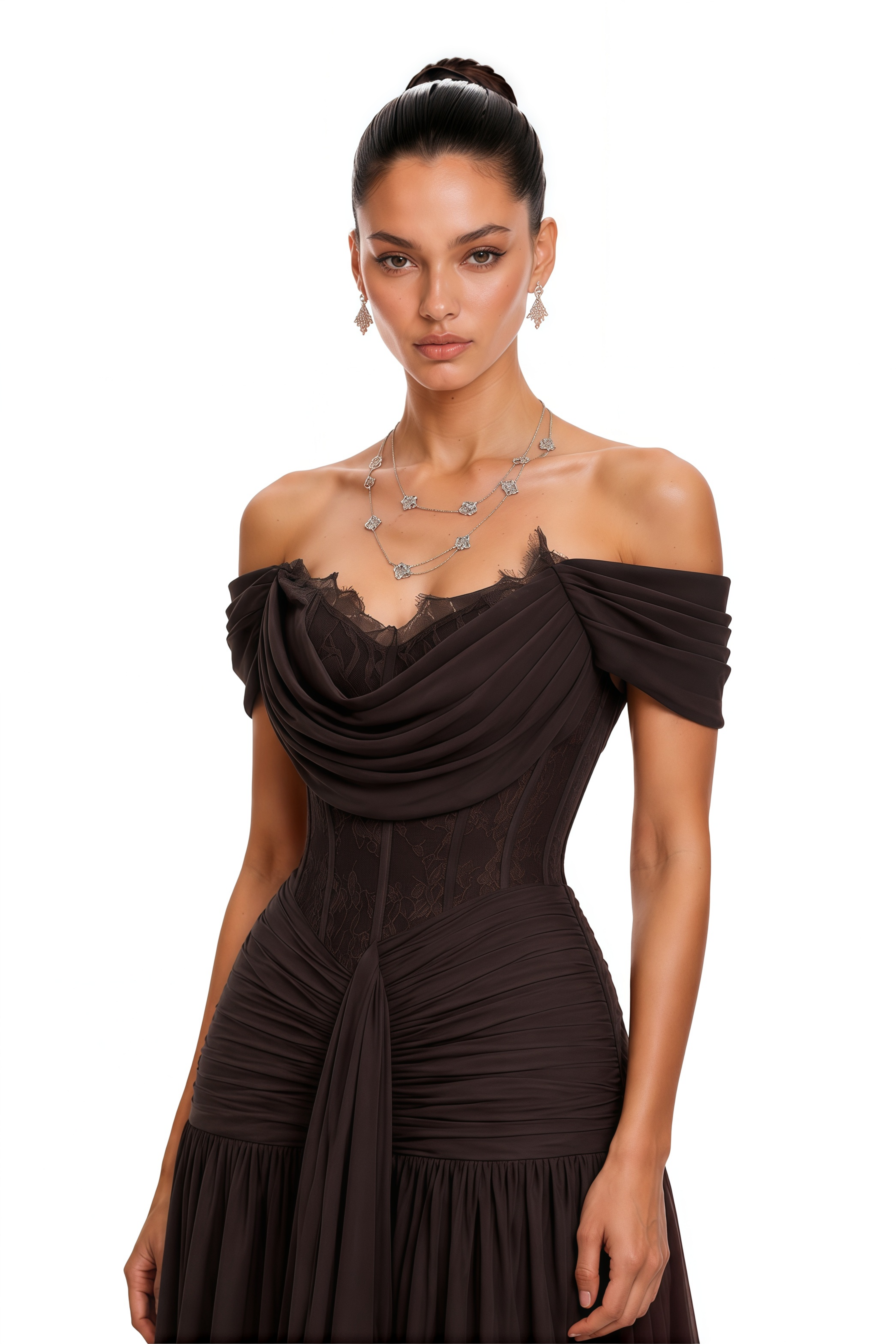 Eponine Brown Lace Ruched Off-Shoulder Maxi Dres