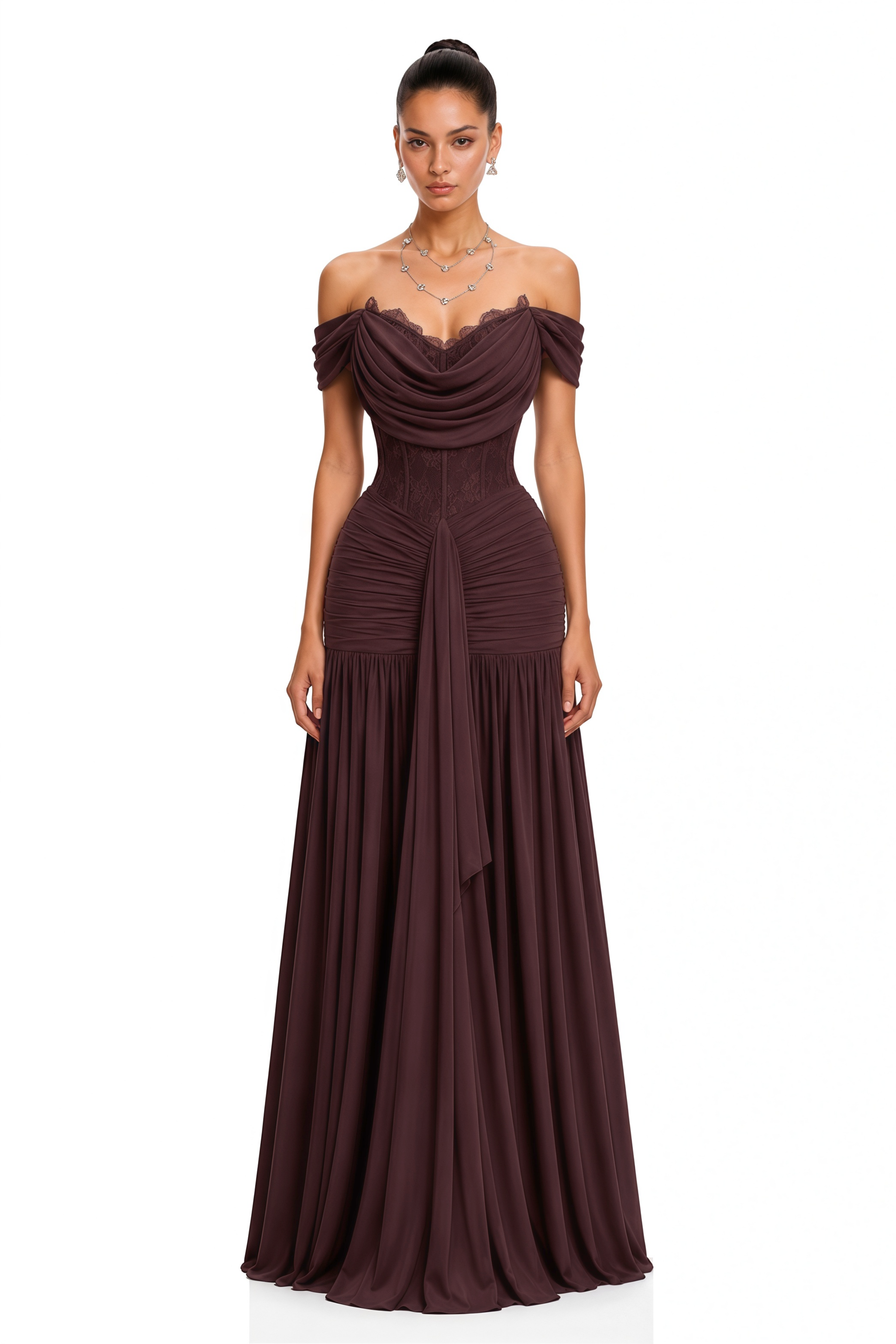 Eponine Brown Lace Ruched Off-Shoulder Maxi Dress