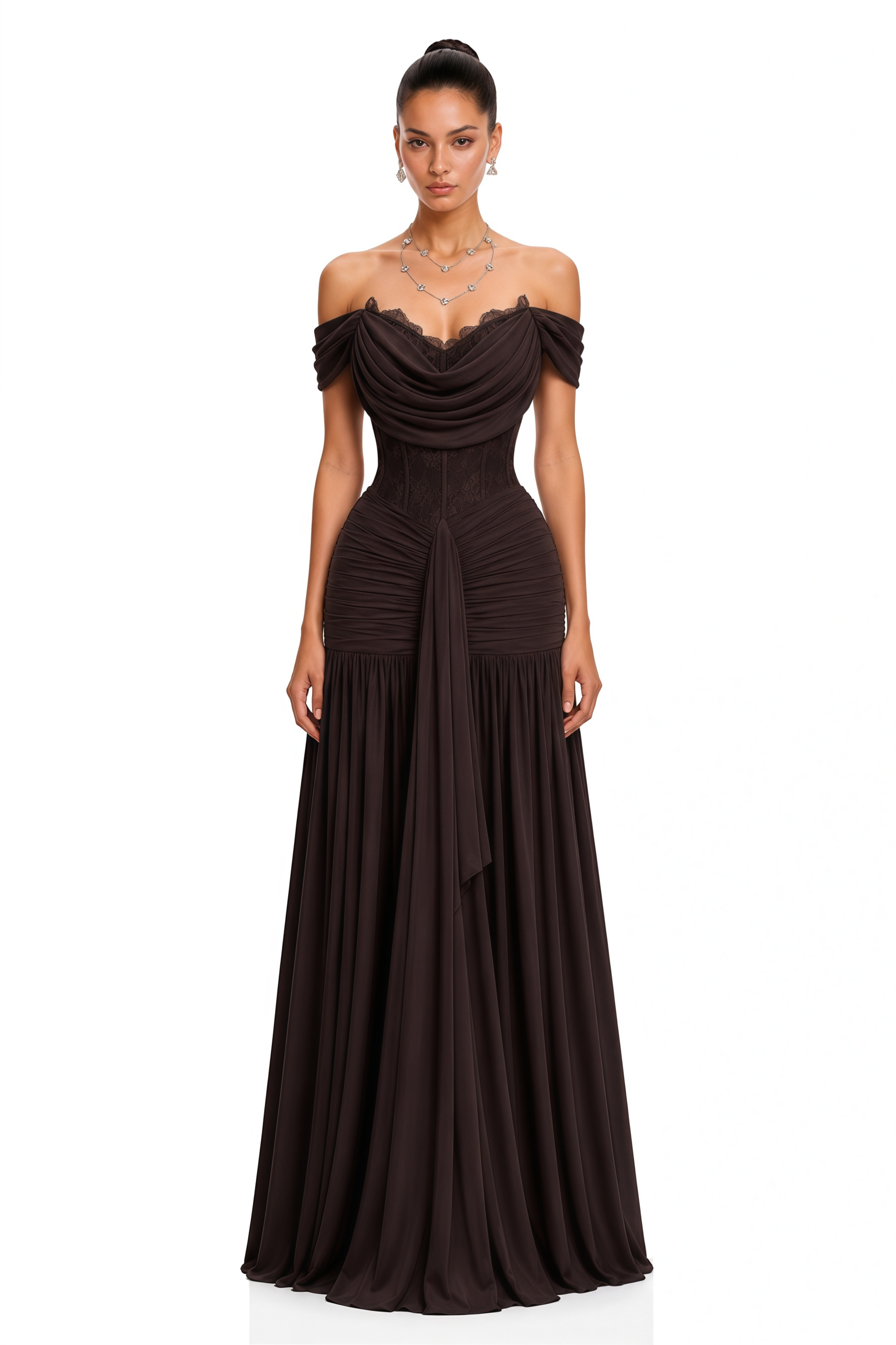 Eponine Brown Lace Ruched Off-Shoulder Maxi Dres