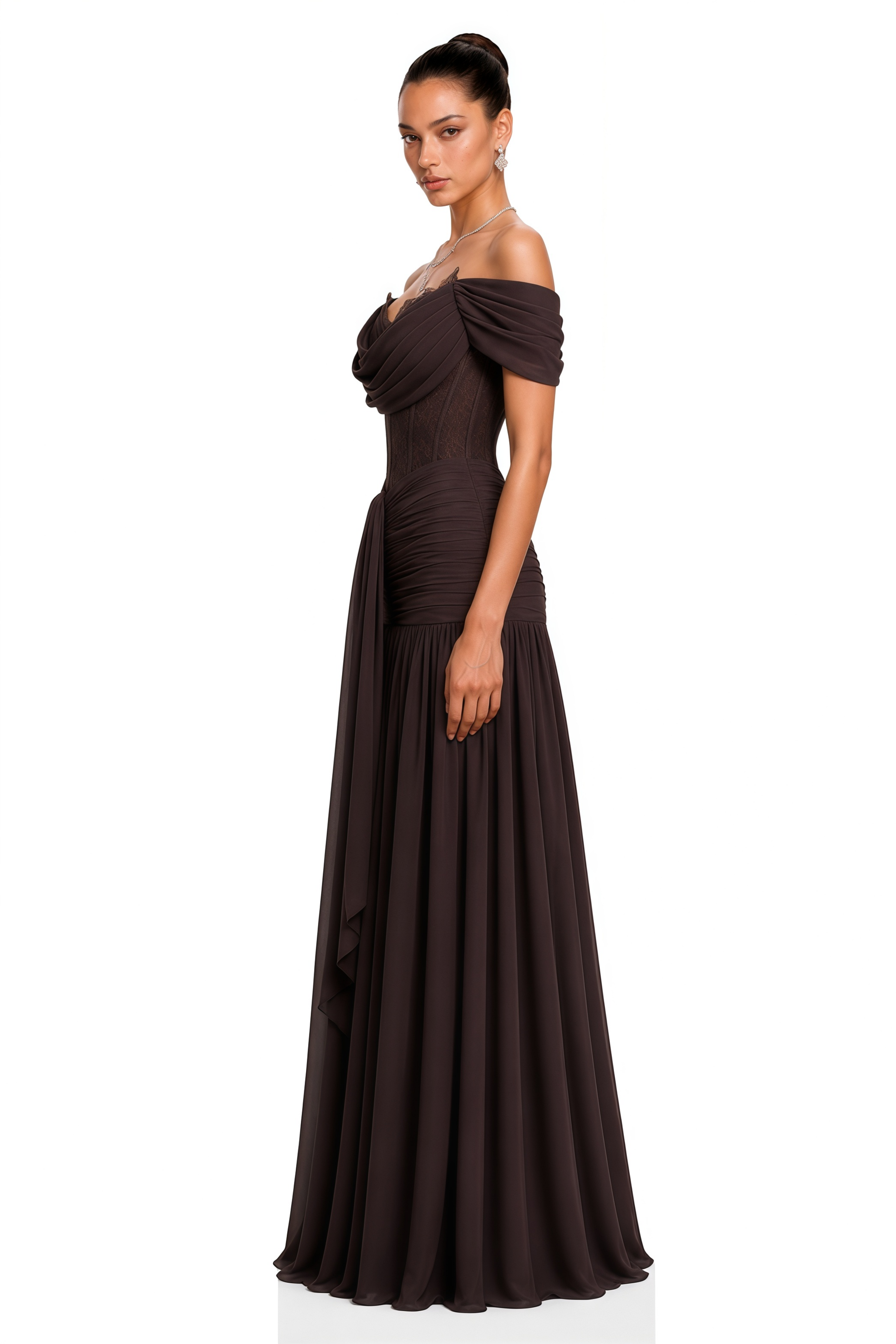 Eponine Brown Lace Ruched Off-Shoulder Maxi Dres