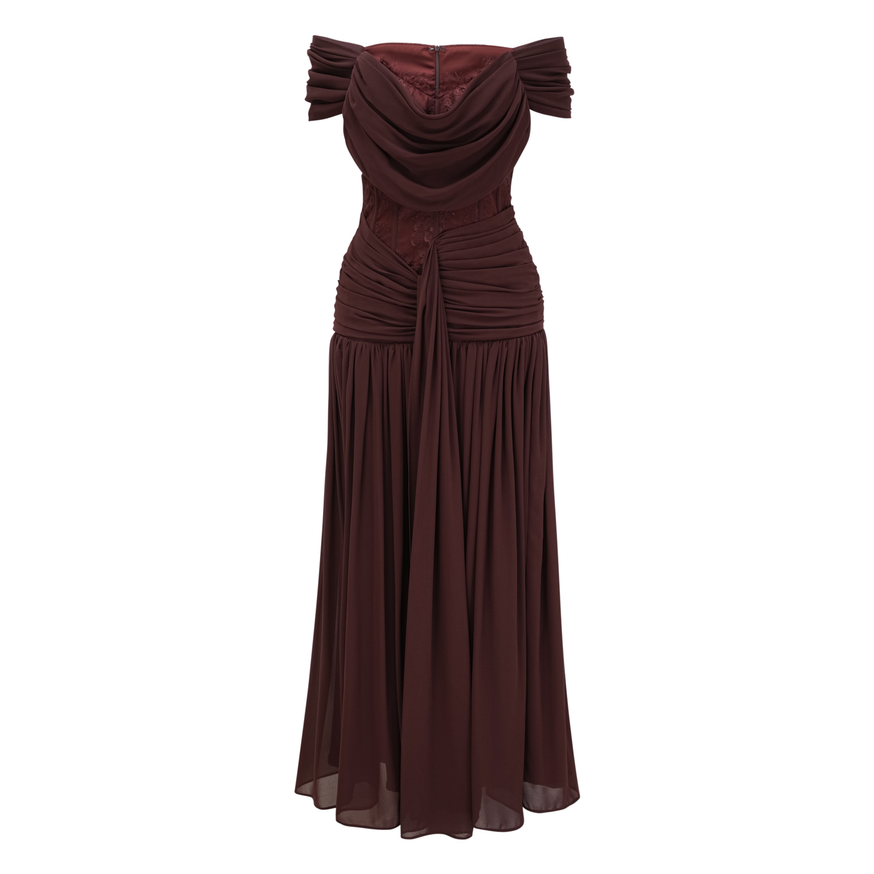 Eponine Brown Lace Ruched Off-Shoulder Maxi Dress
