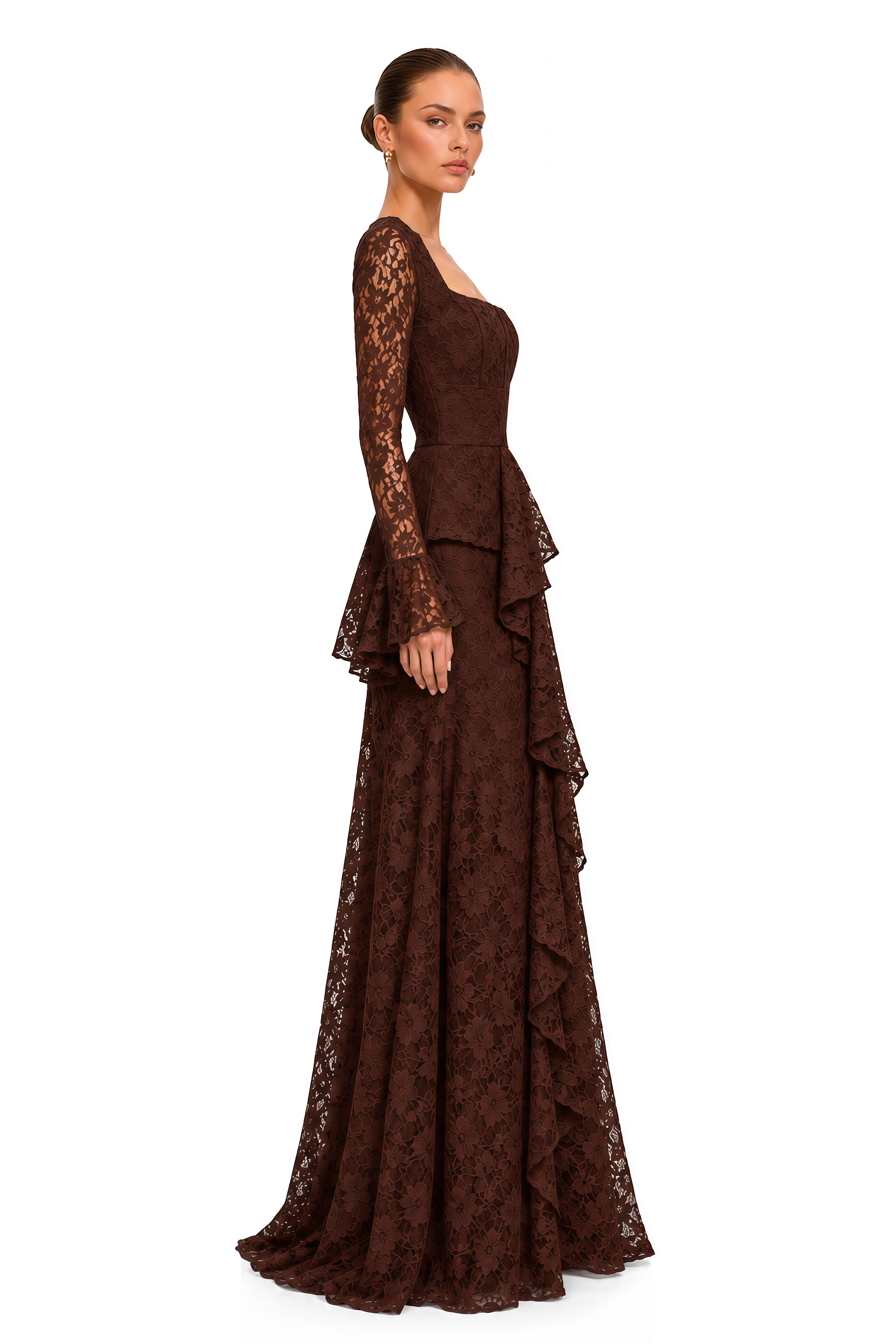 Esmae Brown Lace Square Neck Ruffle Maxi Dress