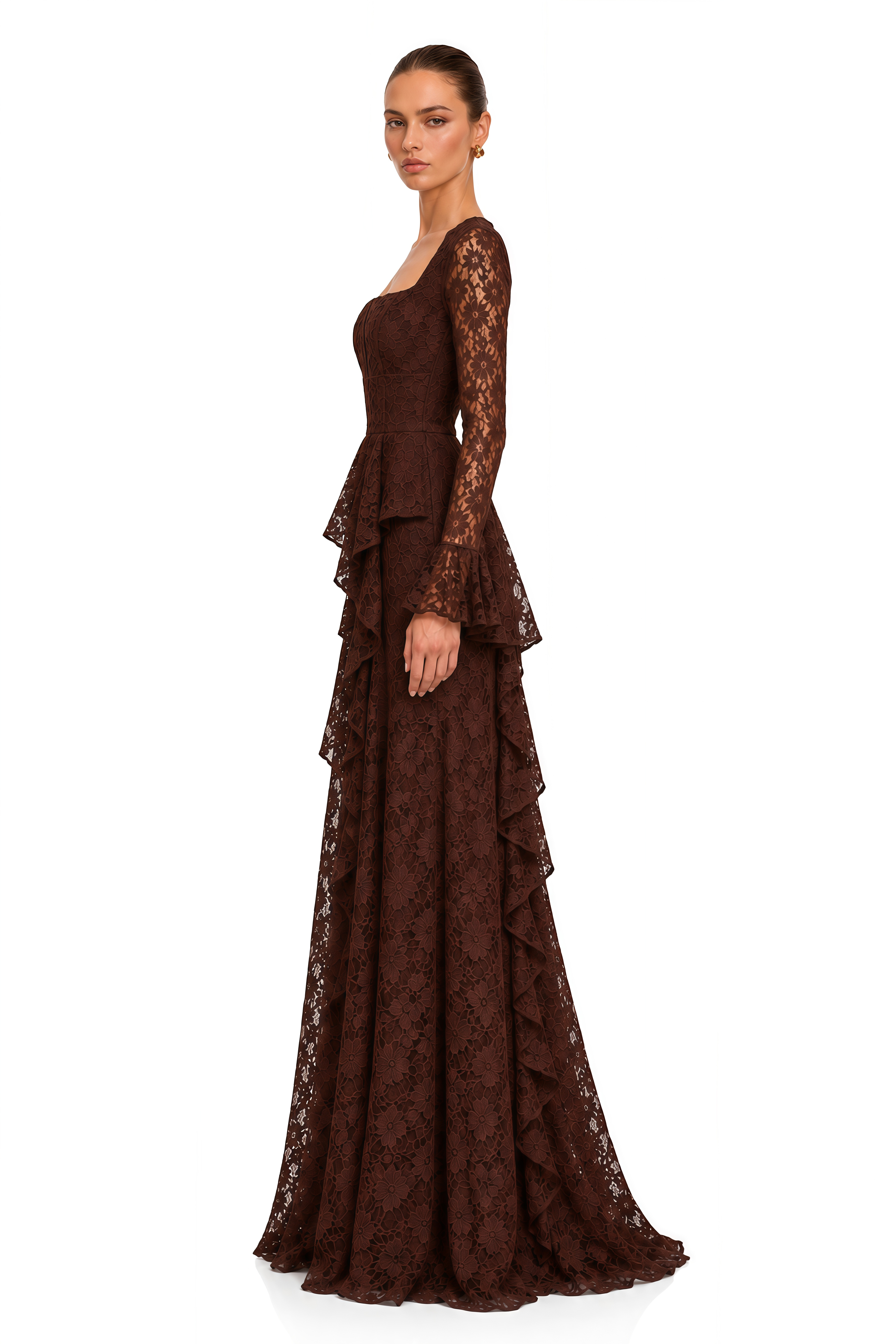 Esmae Brown Lace Square Neck Ruffle Maxi Dress
