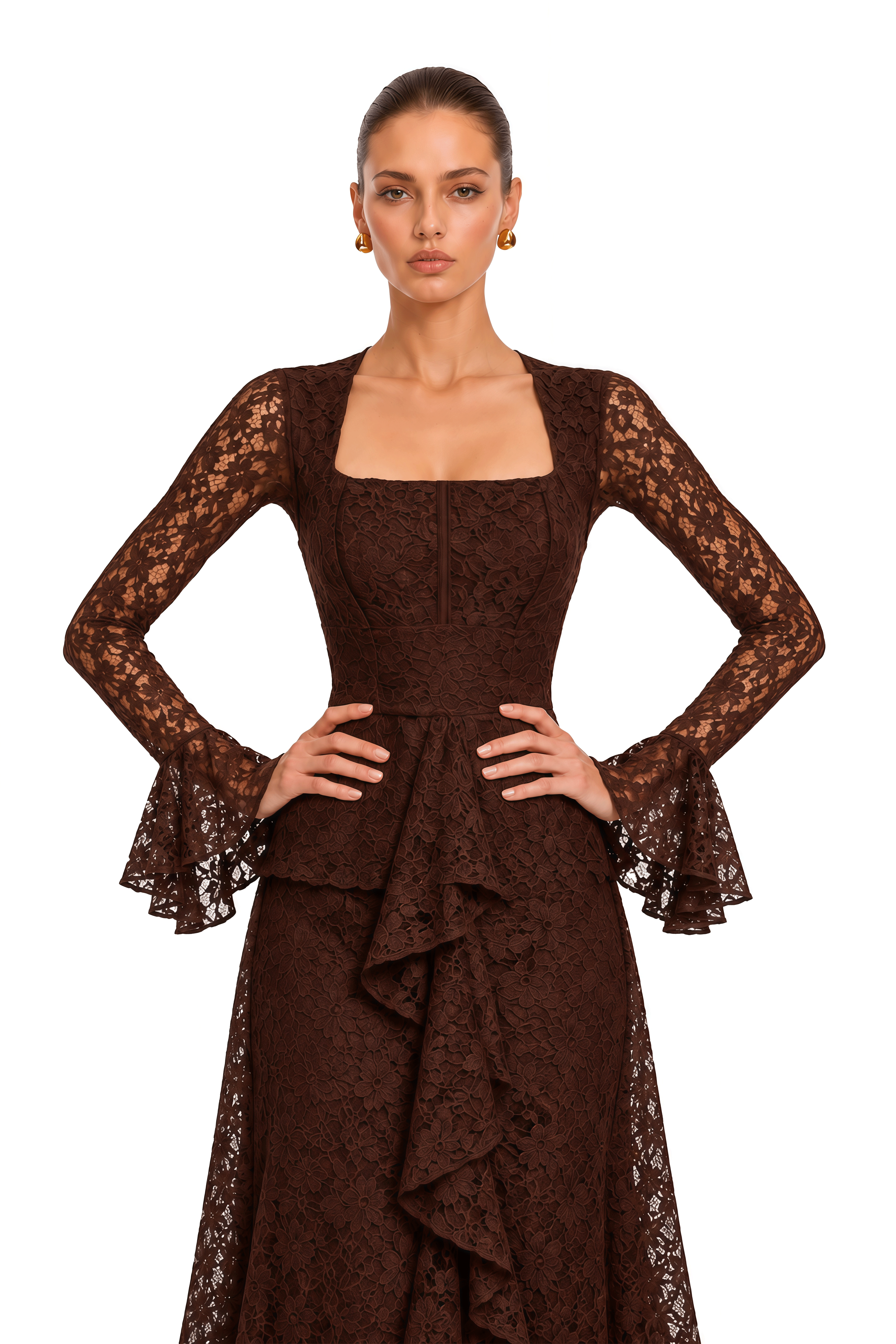Esmae Brown Lace Square Neck Ruffle Maxi Dress