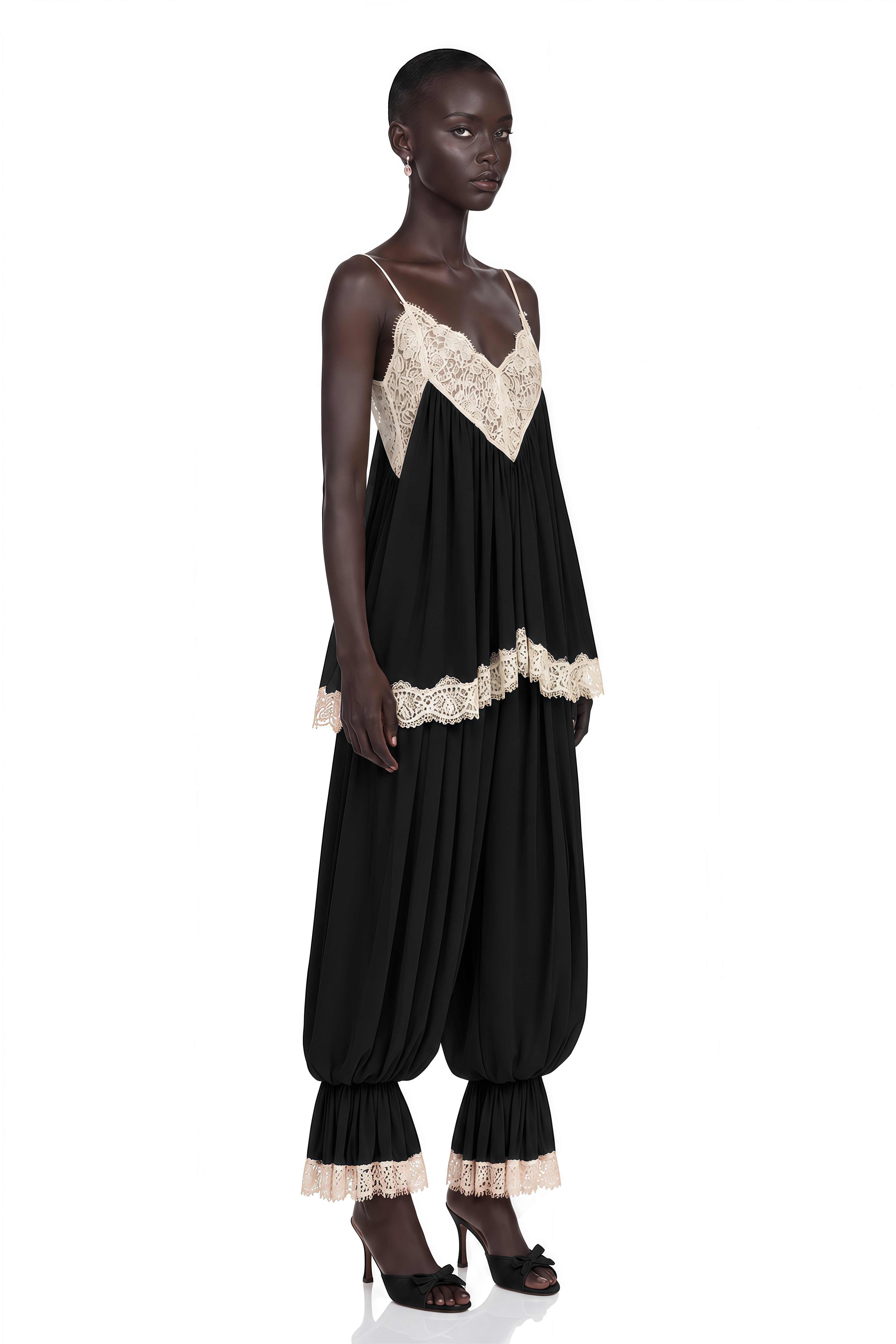 Esme Black Ruffled Lace Trim Top & Trousers Set