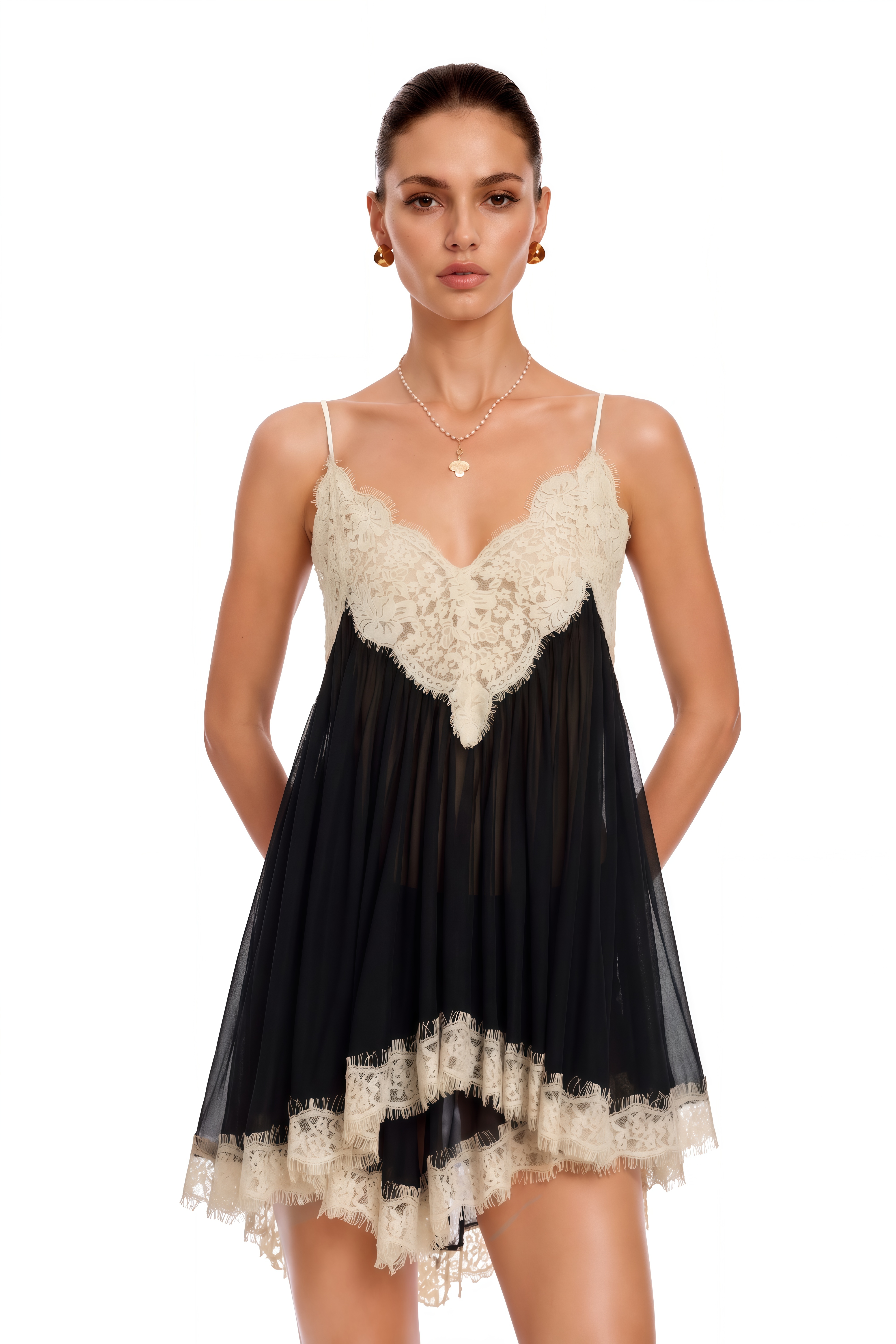 Esme Black Ruffled Top & Shorts Set with Lace Trim