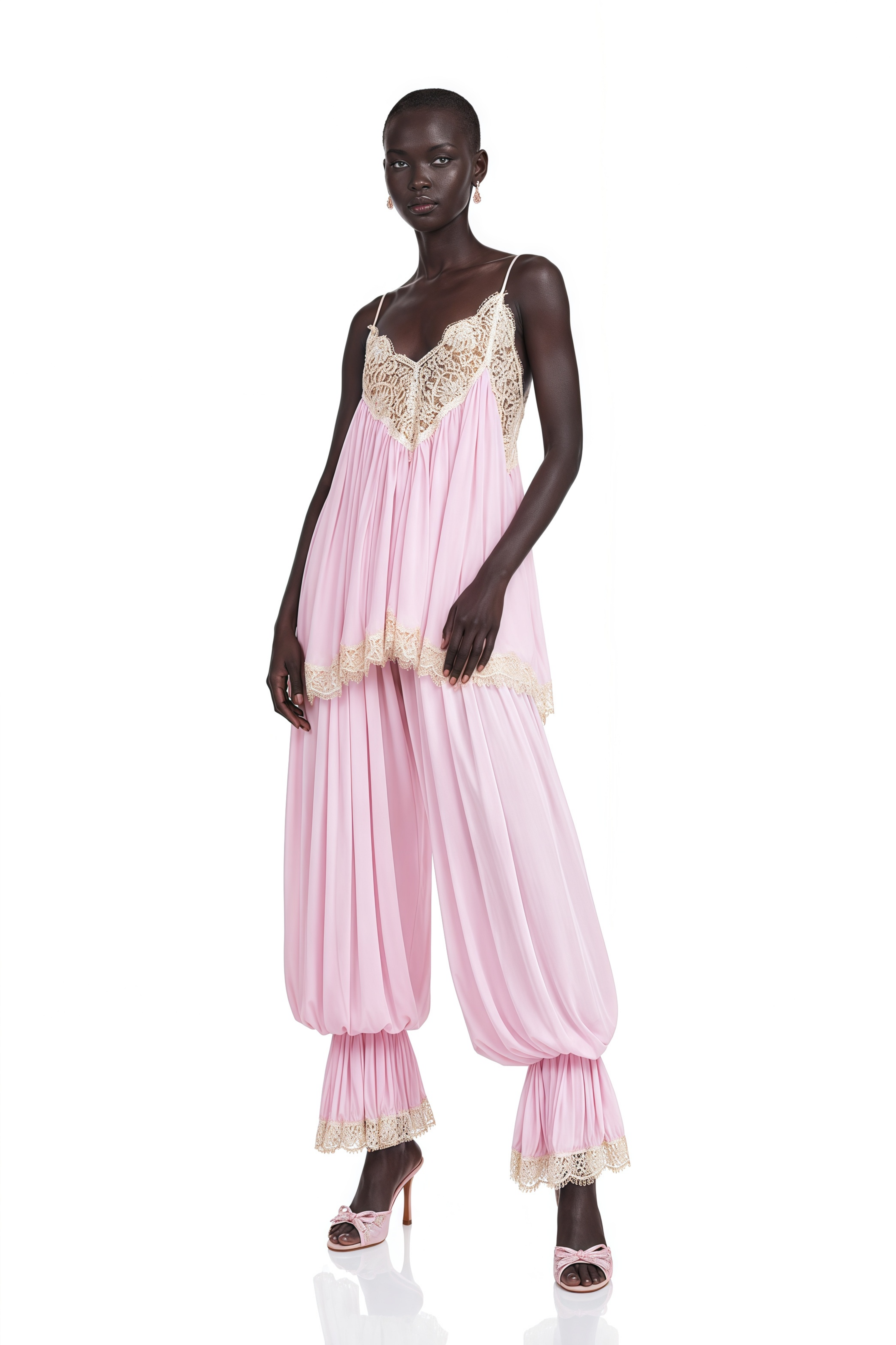 Esme Pink Ruffled Lace Trim Top & Trousers Set