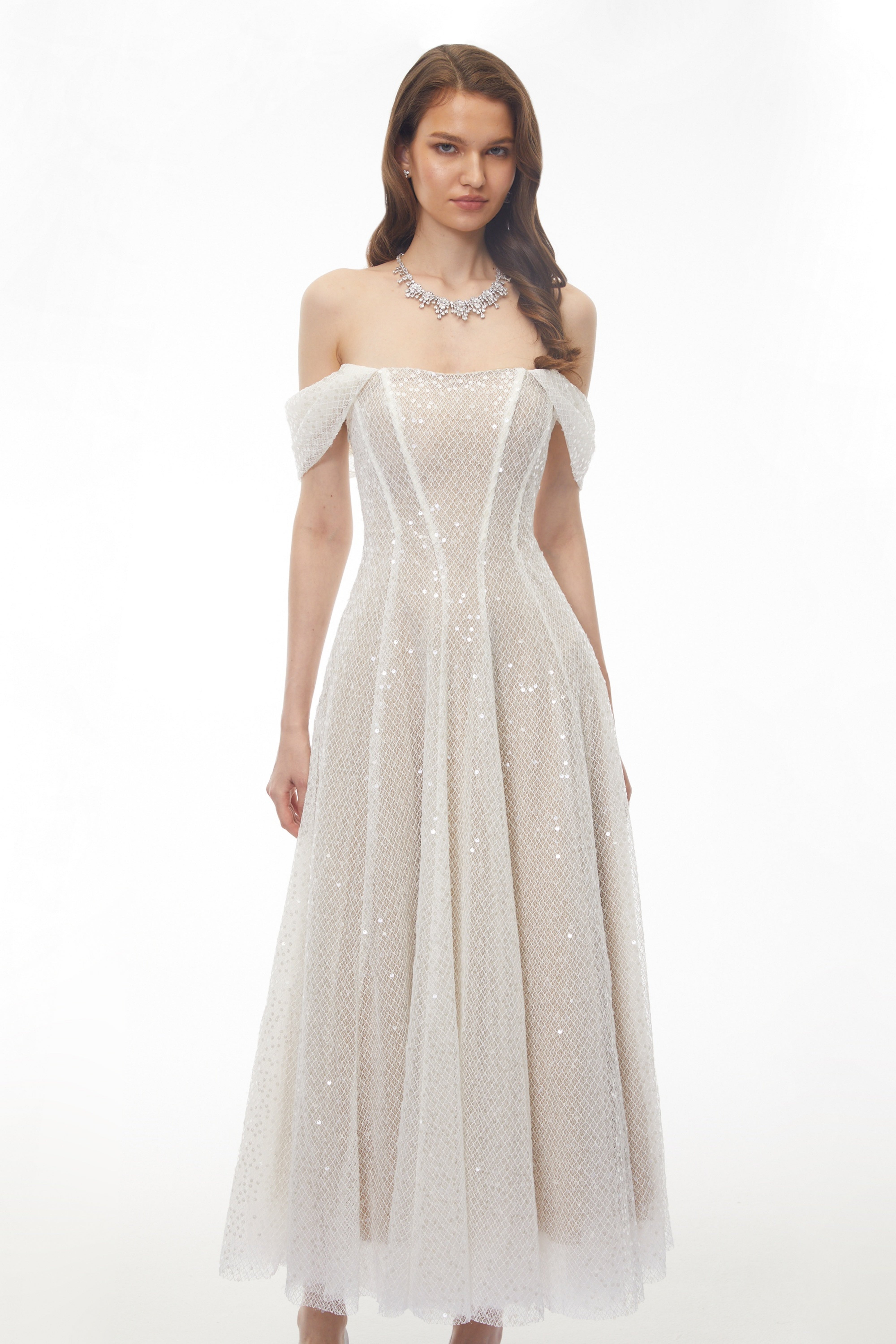 White Sequin Off-the-Shoulder A-Line Dress with Diamond Grid Pattern