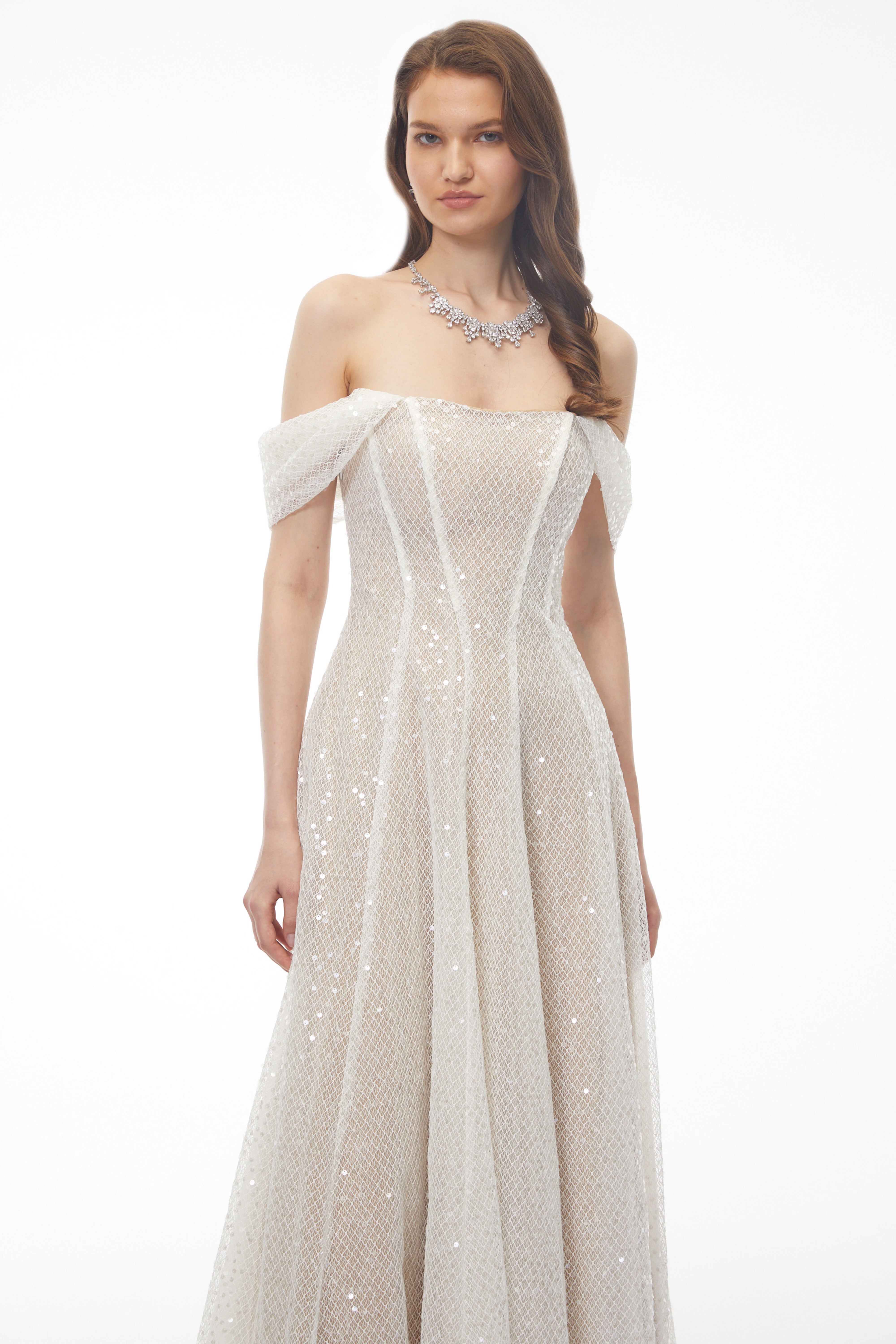 White Sequin Off-the-Shoulder A-Line Dress with Diamond Grid Pattern