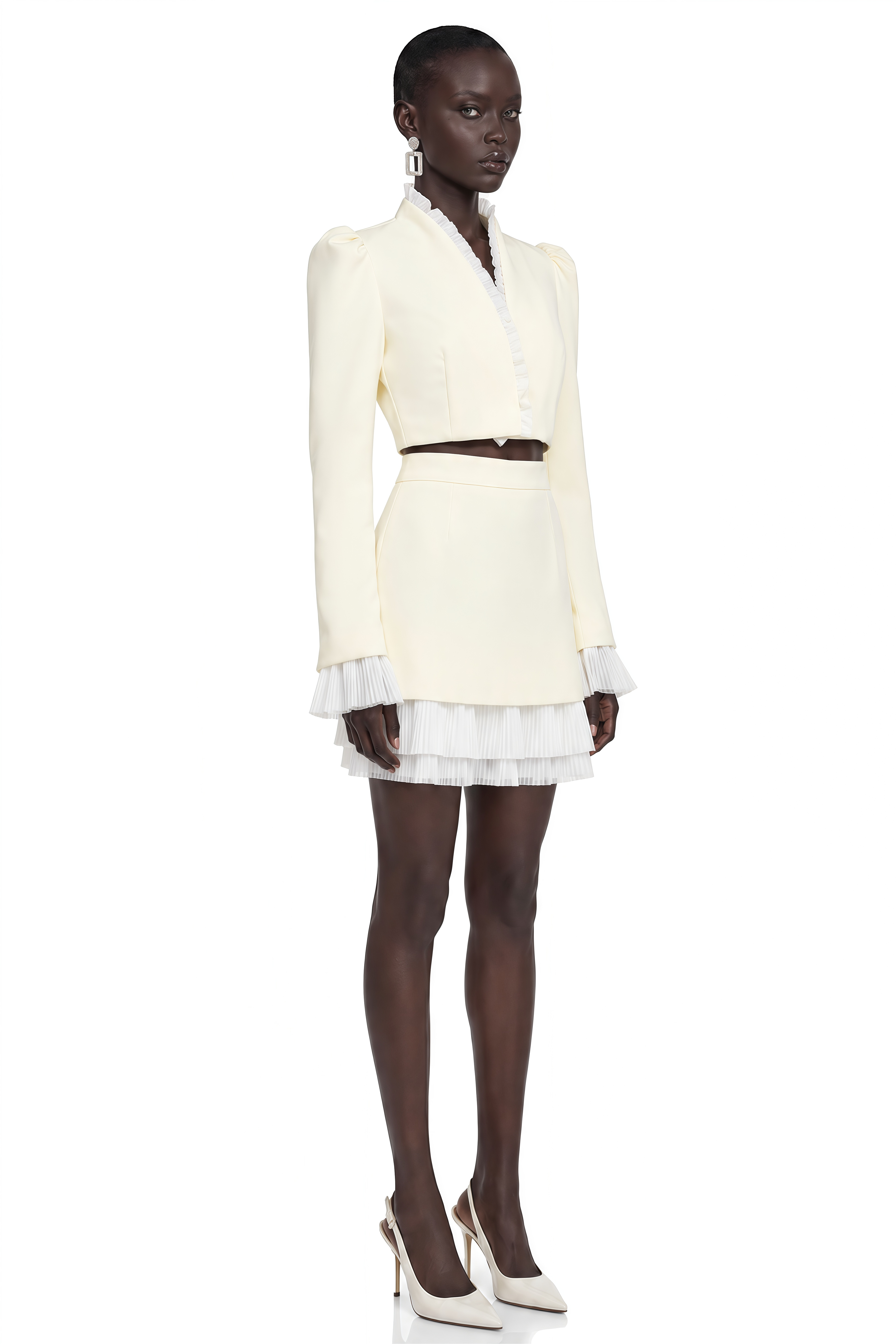 Esmerine White Cropped Jacket Top & Mini Skirt Set