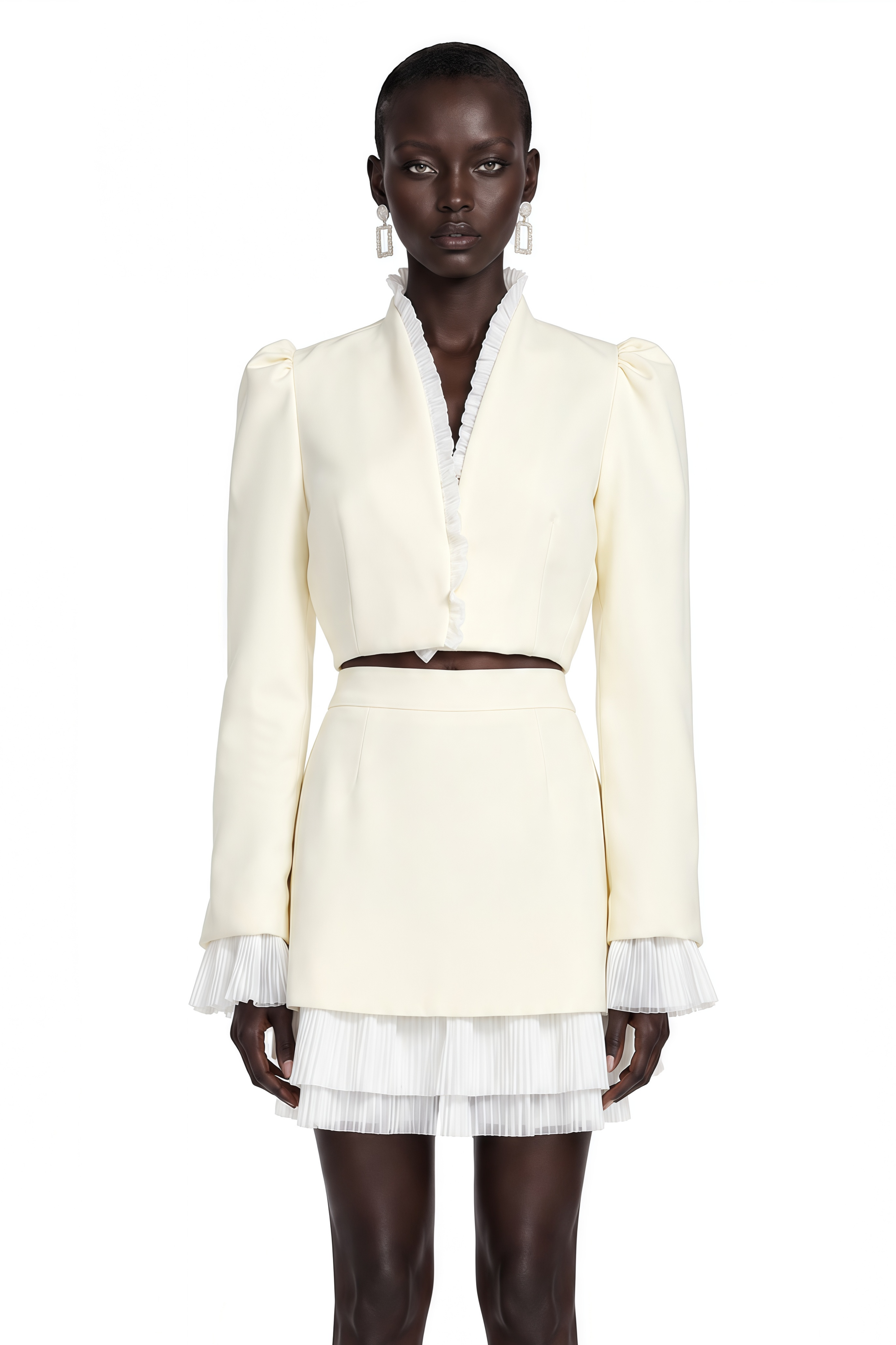 Esmerine White Cropped Jacket Top & Mini Skirt Set