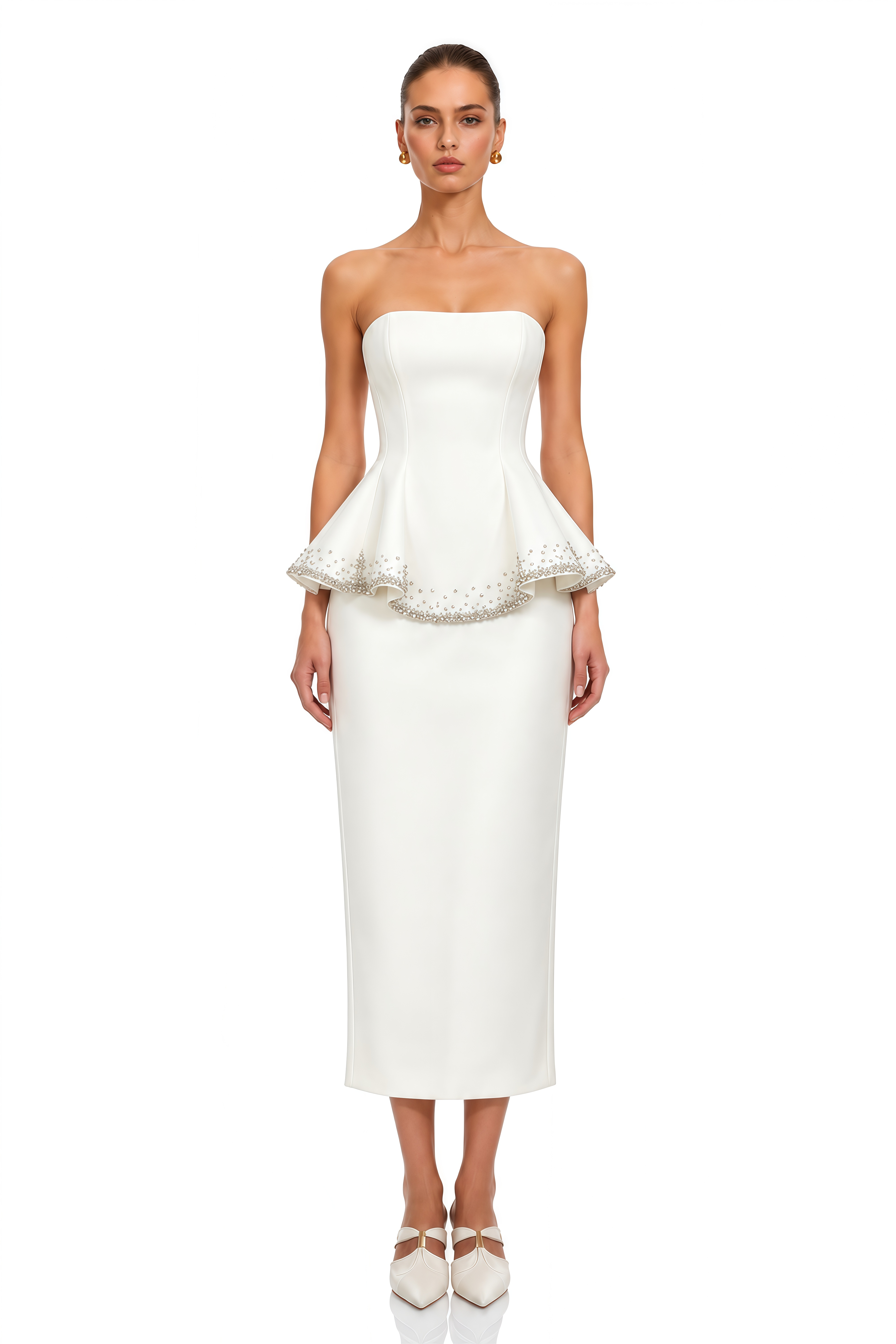 Estella Ivory Embellished Peplum Top & Midi Skirt Set