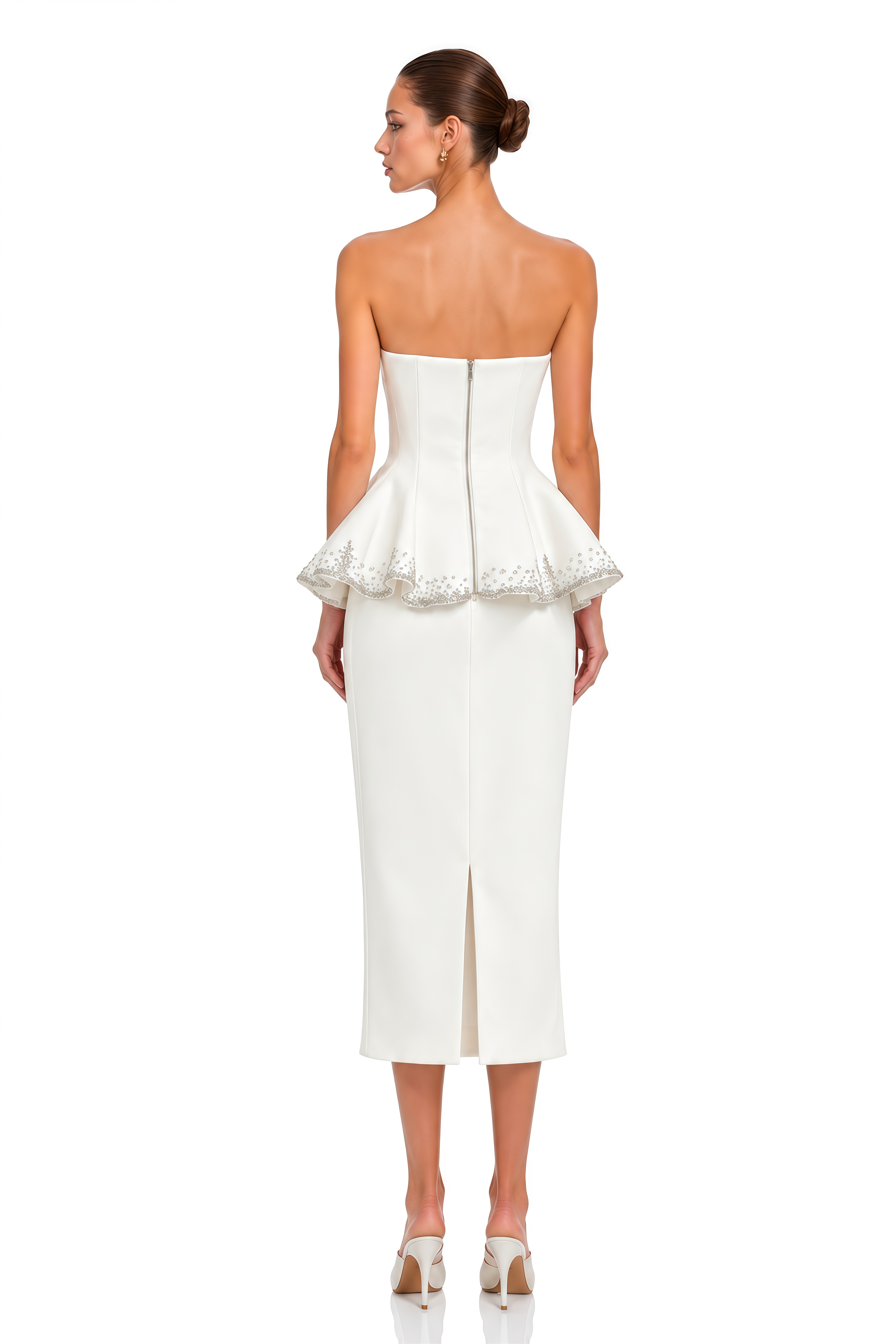 Estella Ivory Embellished Peplum Top & Midi Skirt Set