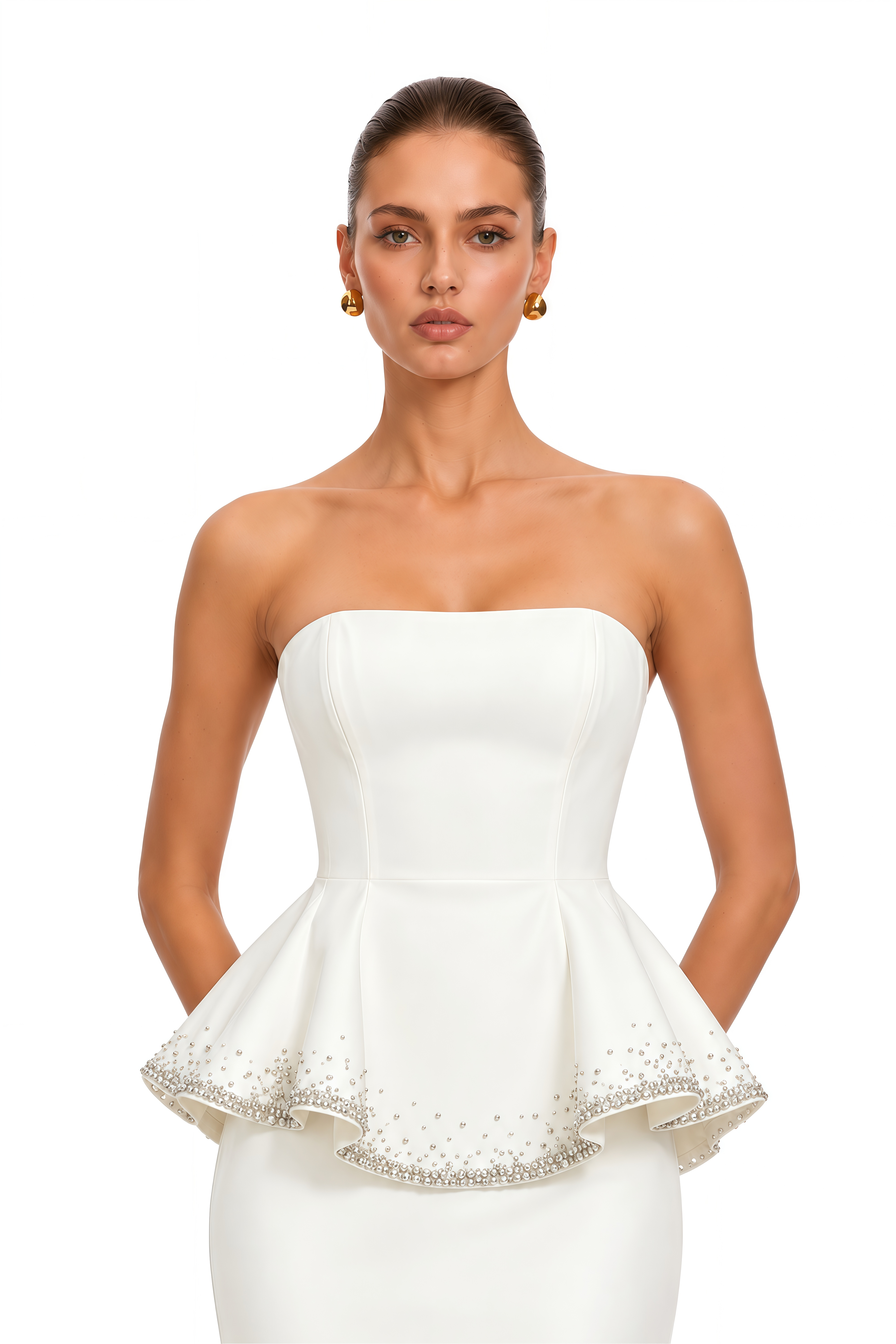 Estella Ivory Embellished Peplum Top & Midi Skirt Set