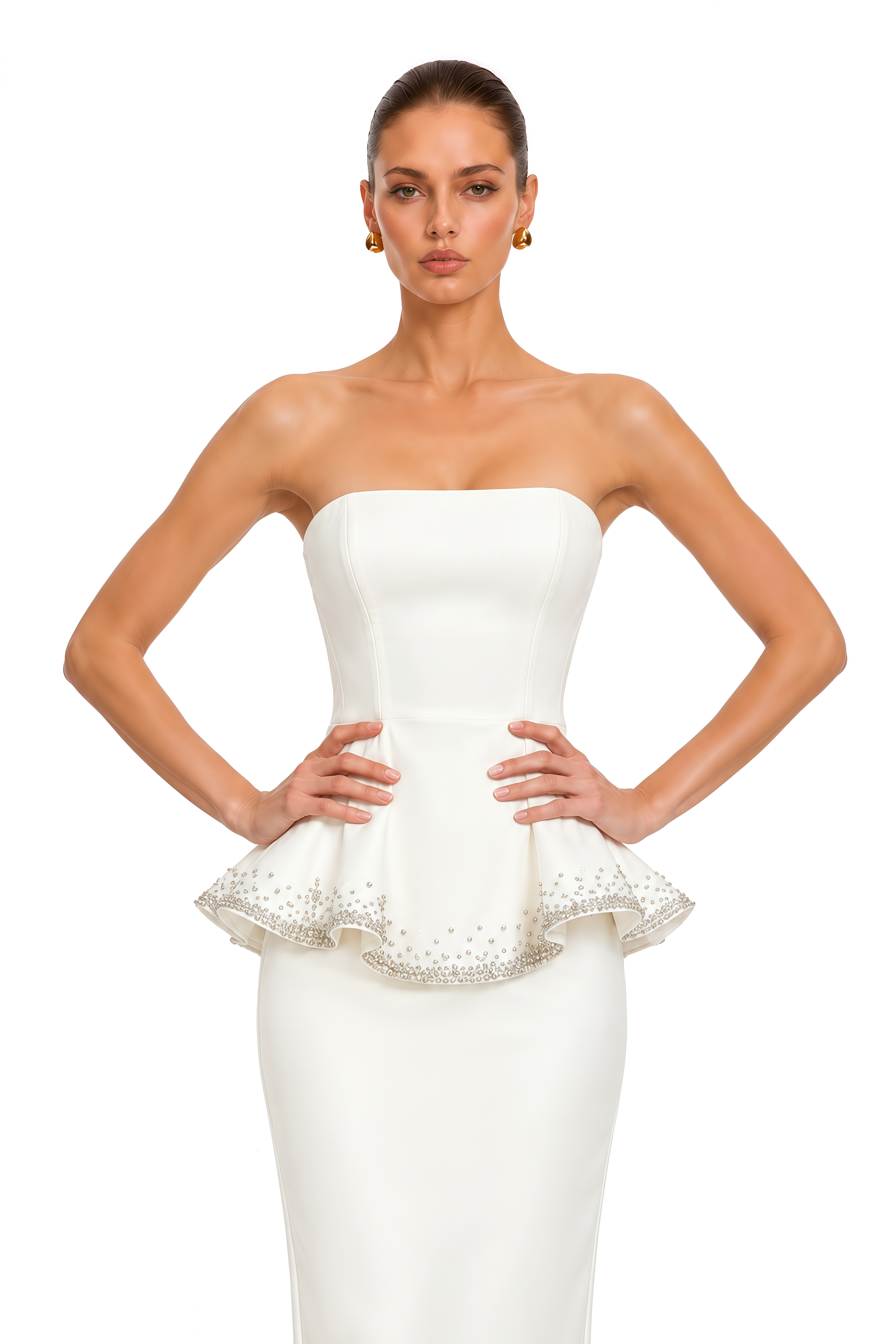 Estella Ivory Embellished Peplum Top & Midi Skirt Set