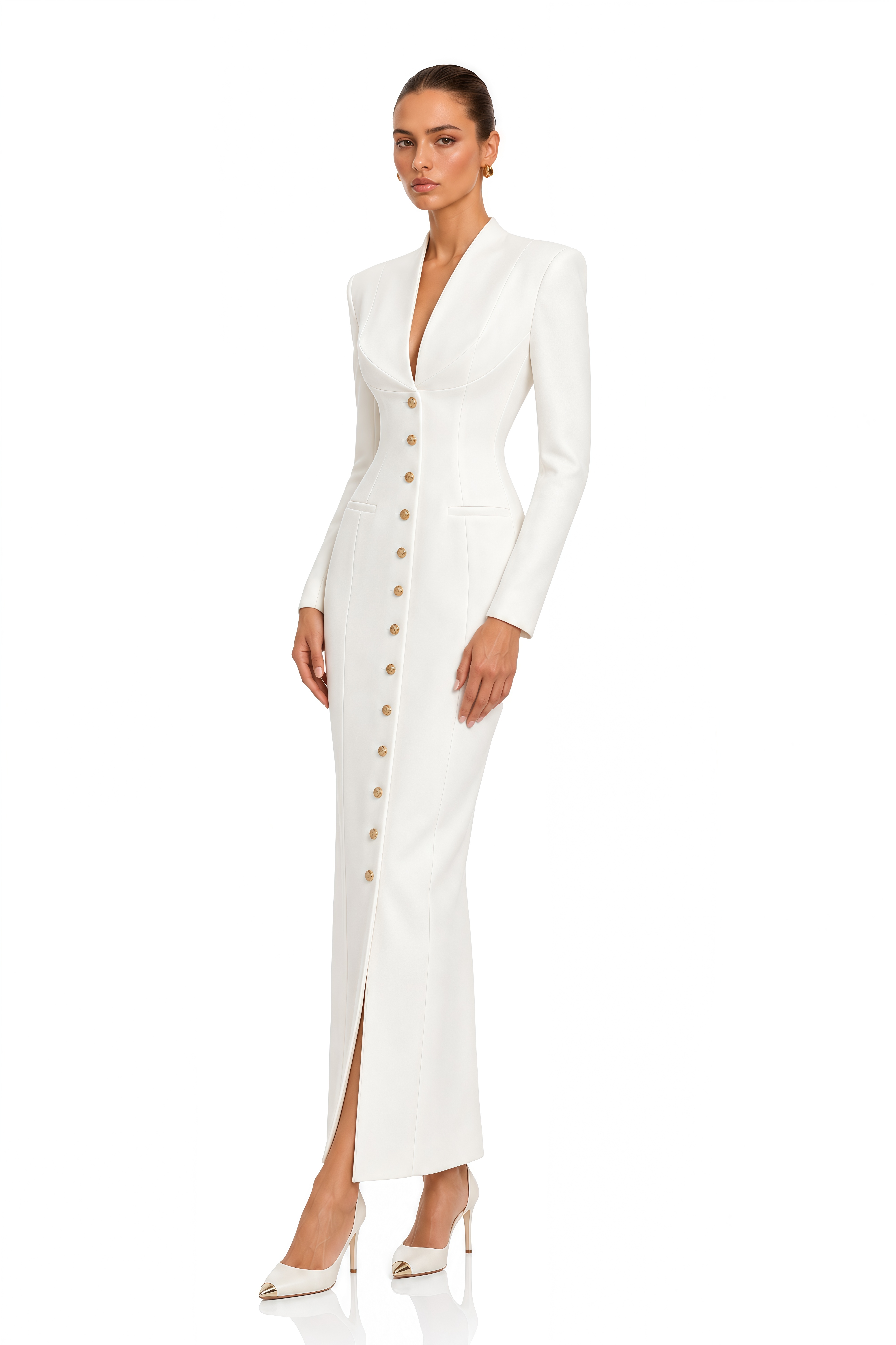 Esther White Structured Button Front Blazer Maxi Dress