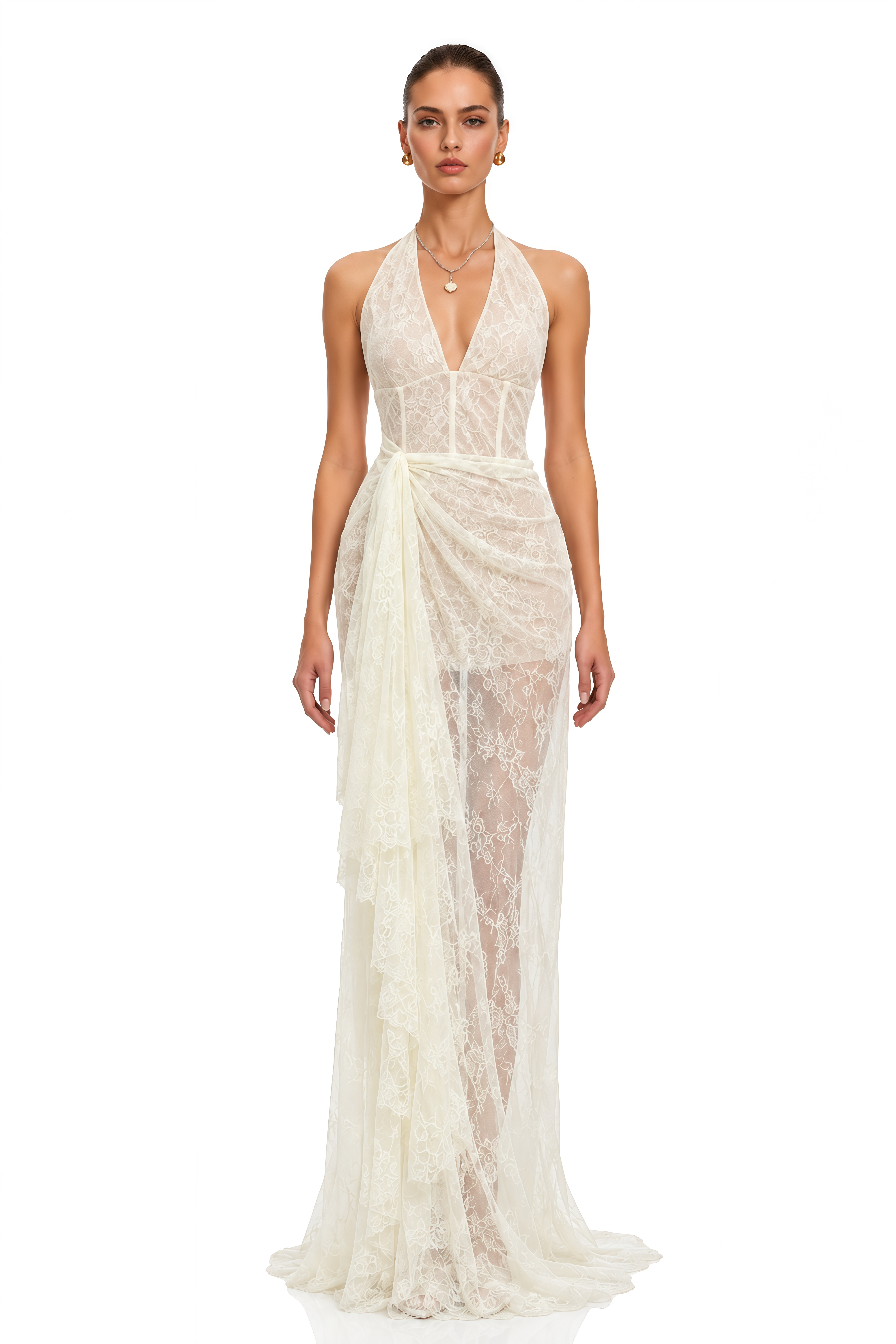 Eudeline Yellow Lace Halterneck Dreaped Maxi Dress
