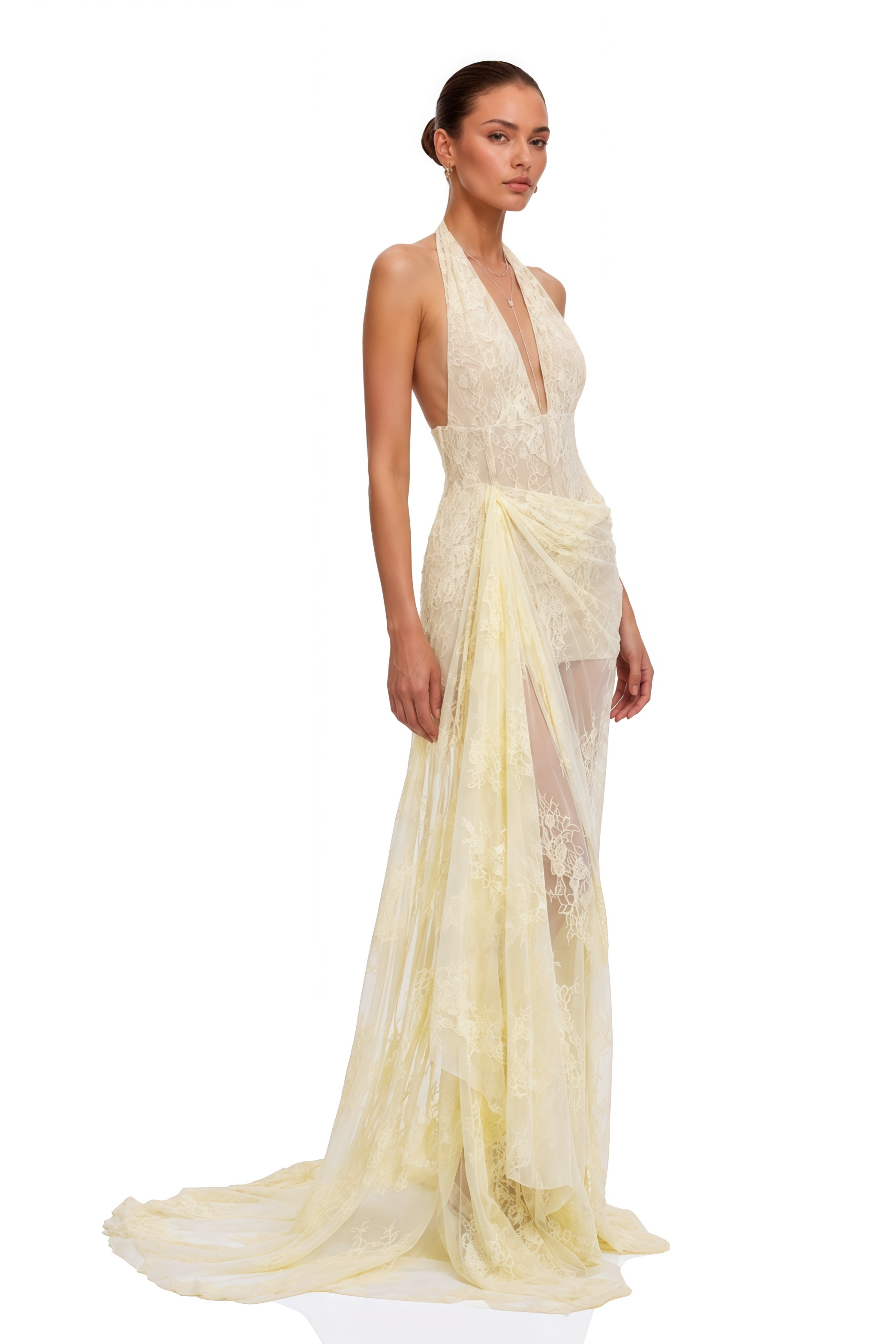 Eudeline Yellow Lace Halterneck Dreaped Maxi Dress