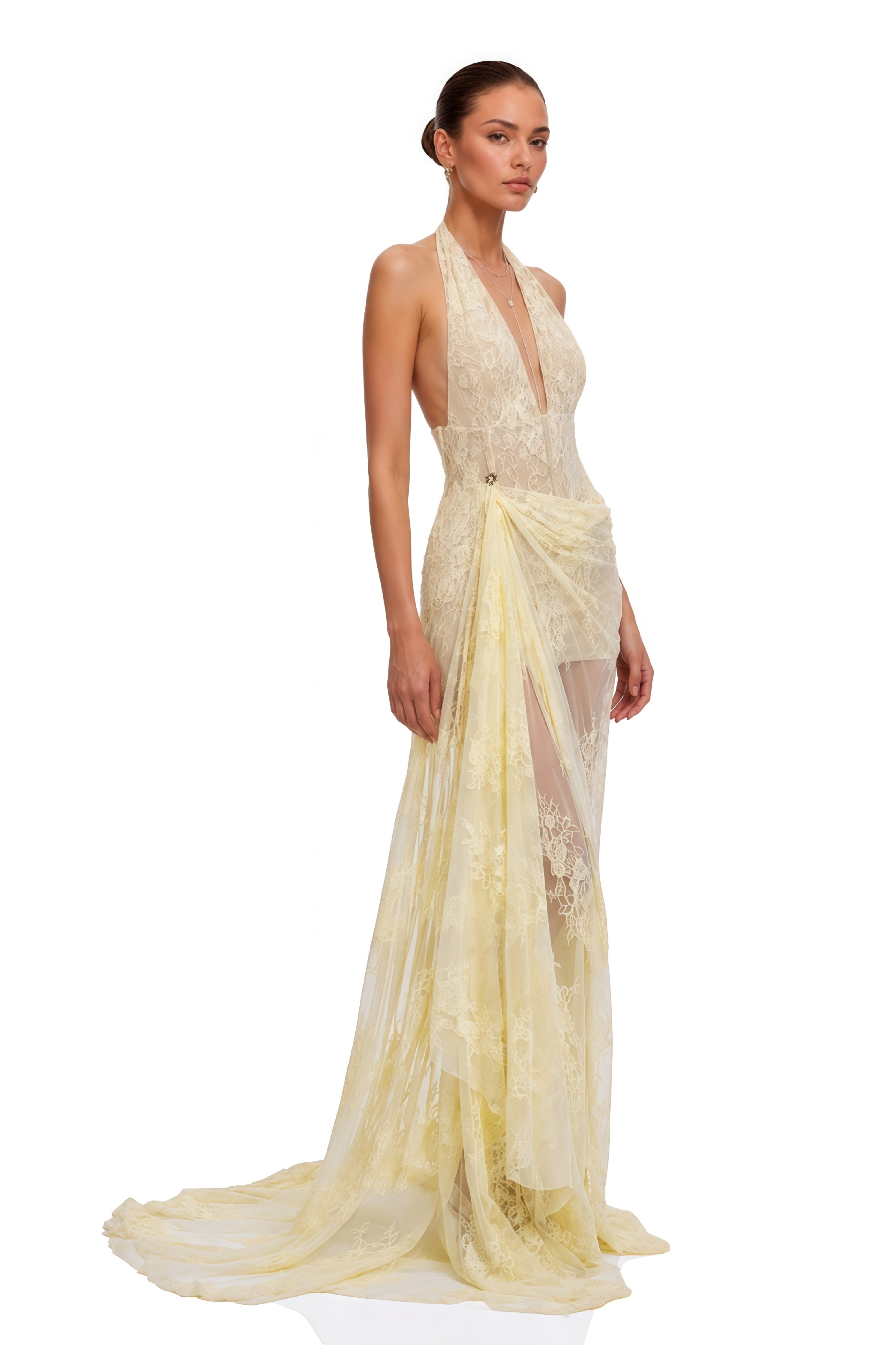 Eudeline Yellow Lace Halterneck Dreaped Maxi Dress