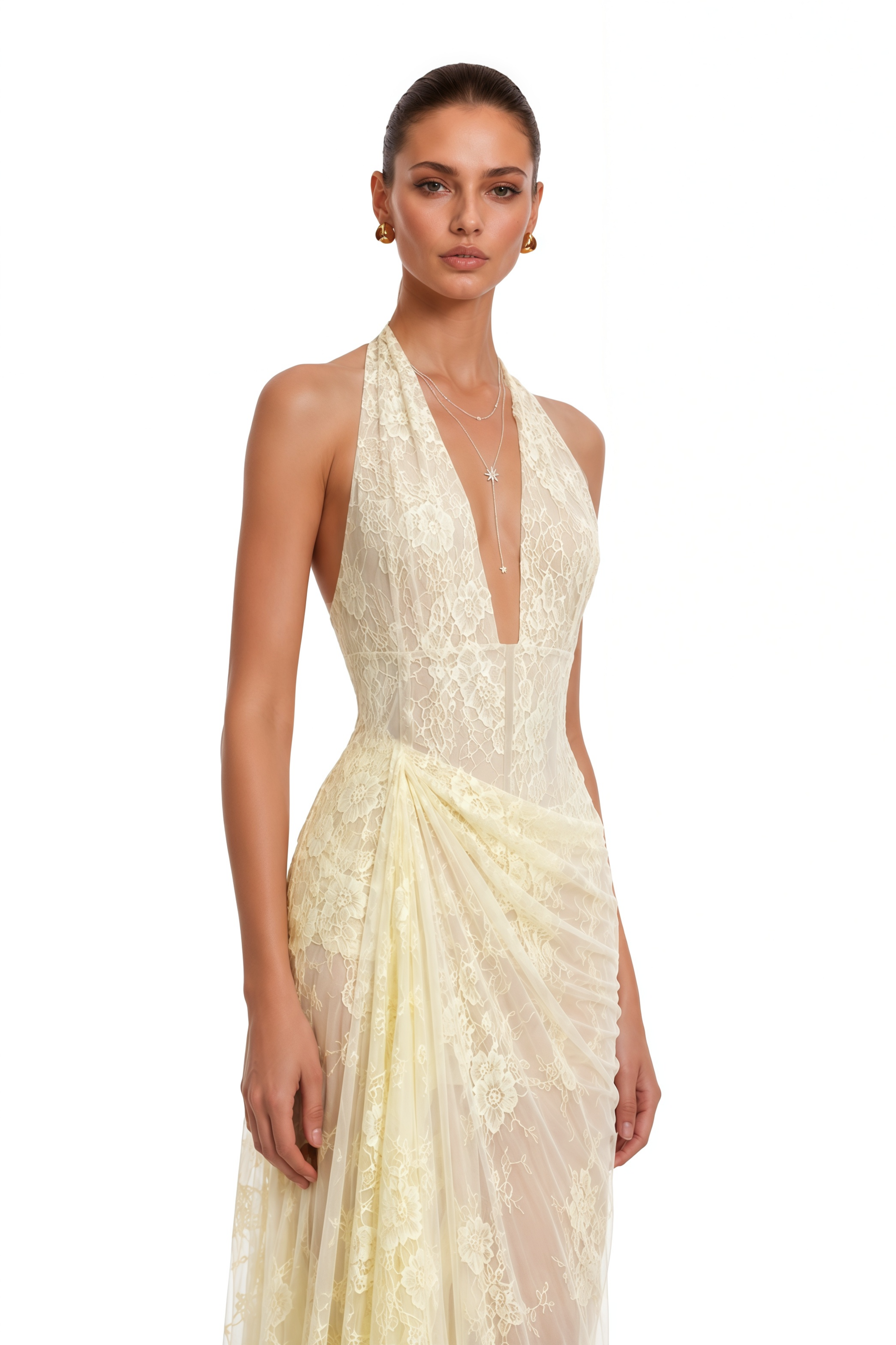 Eudeline Yellow Lace Halterneck Dreaped Maxi Dress