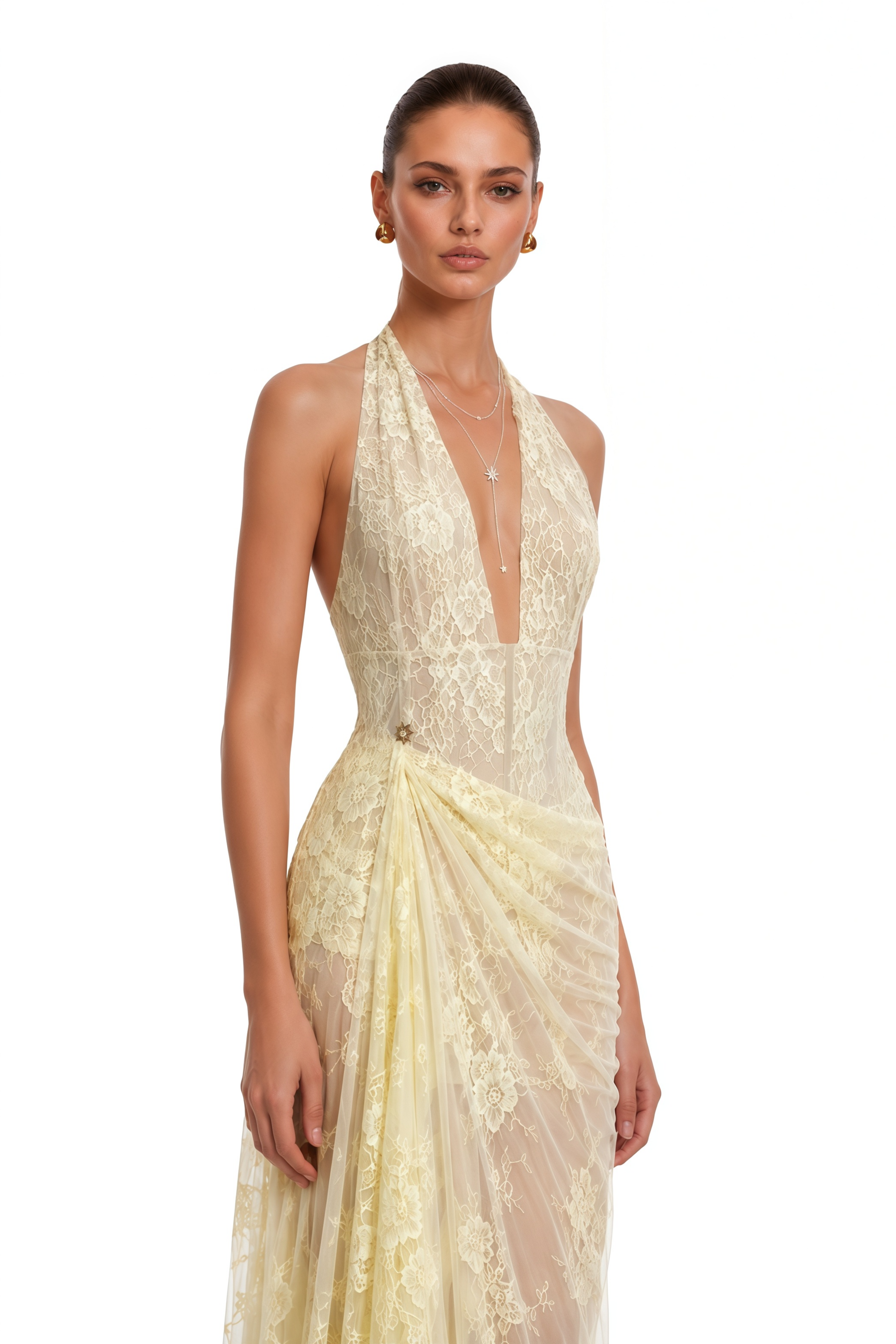 Eudeline Yellow Lace Halterneck Dreaped Maxi Dress
