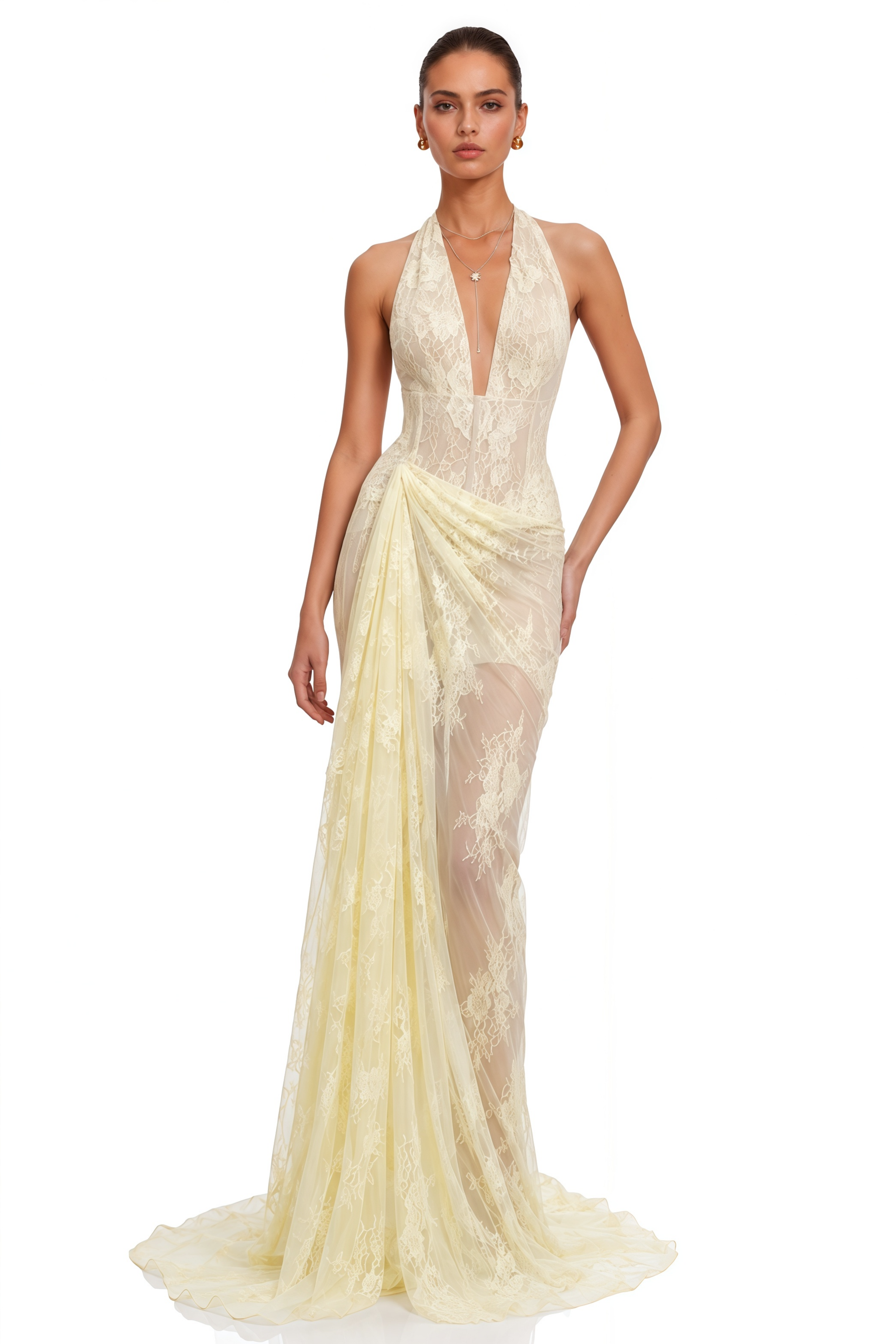 Eudeline Yellow Lace Halterneck Dreaped Maxi Dress