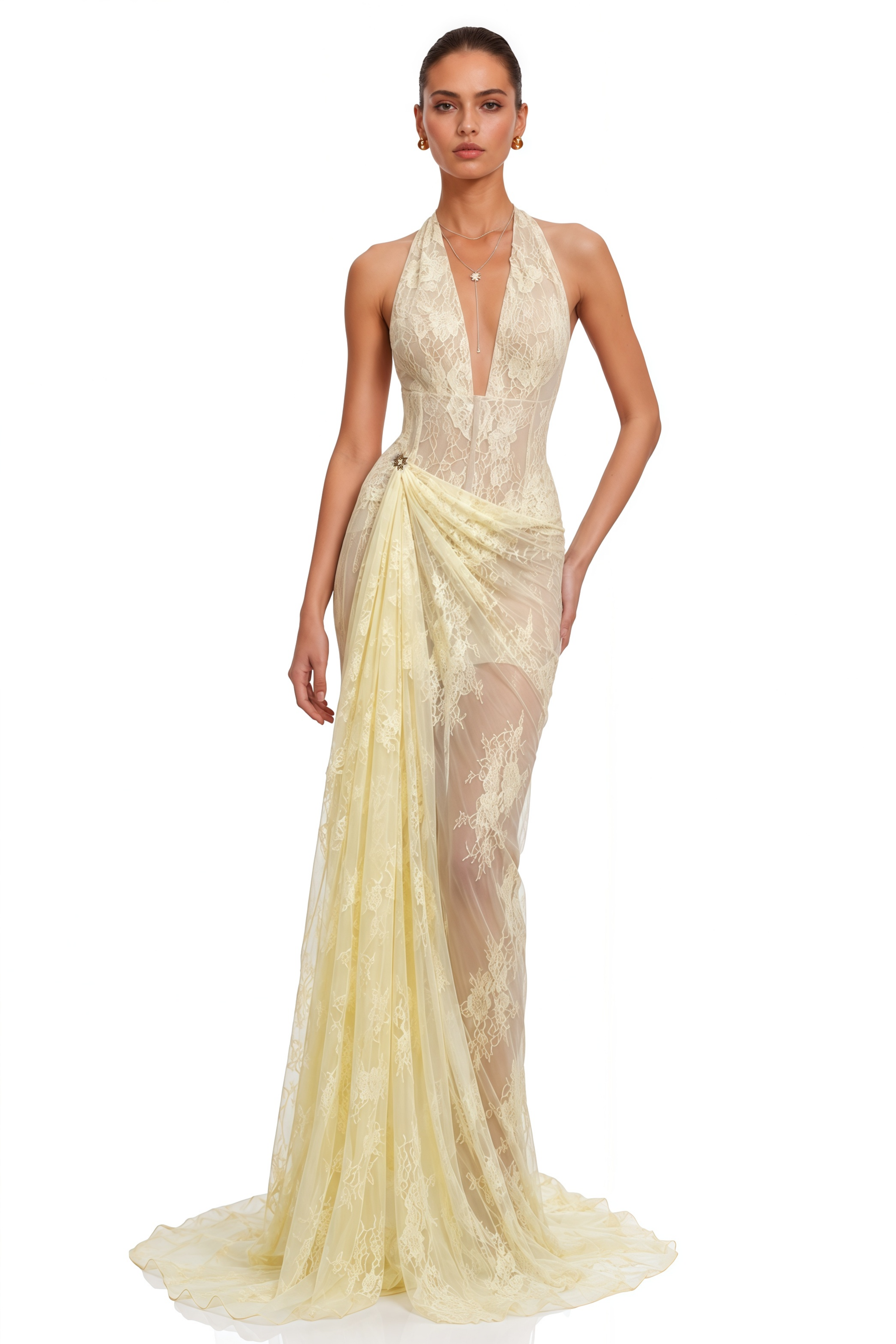 Eudeline Yellow Lace Halterneck Dreaped Maxi Dress