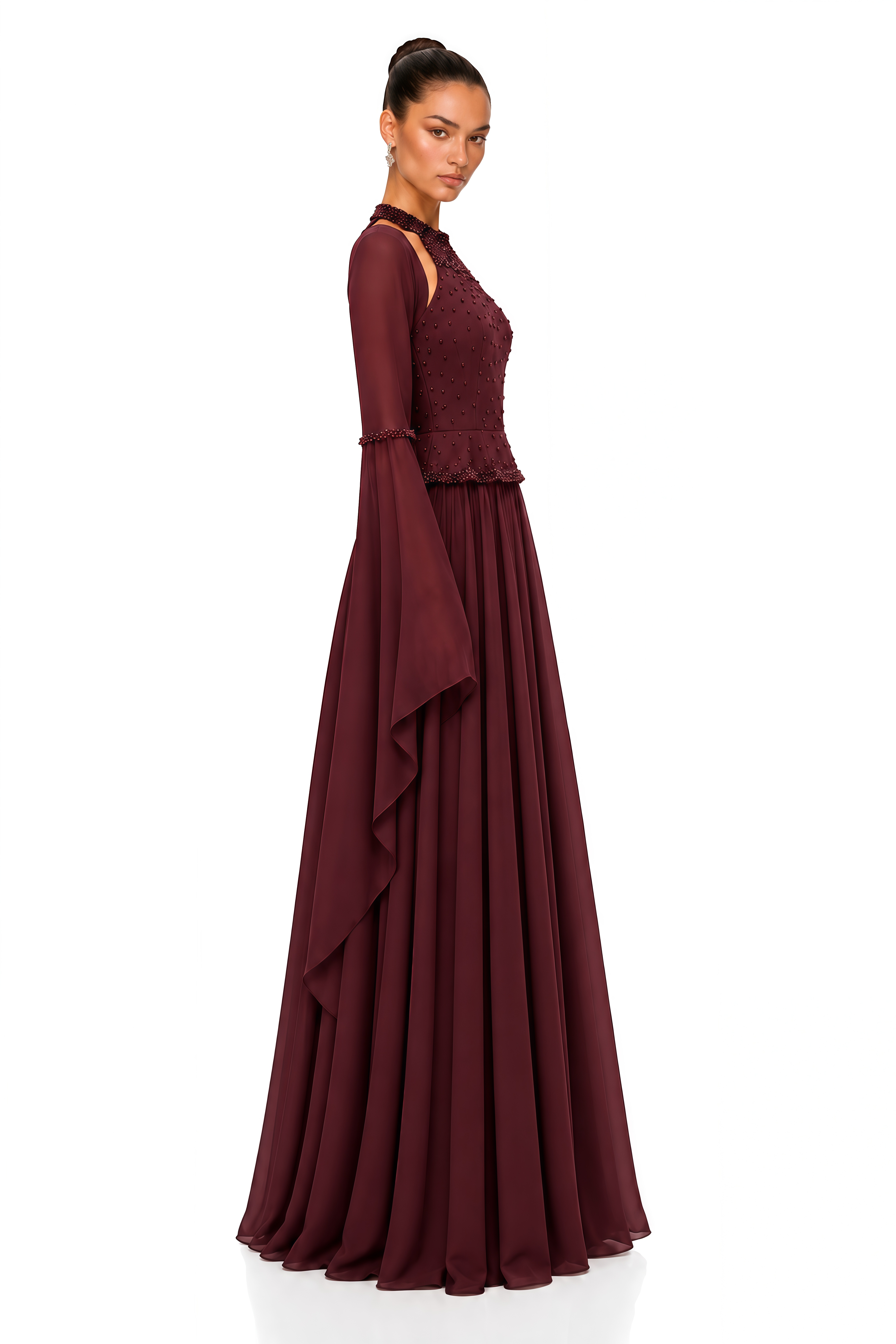 Eudora Burgundy Embellished Halterneck Maxi Dress & Shawl Set