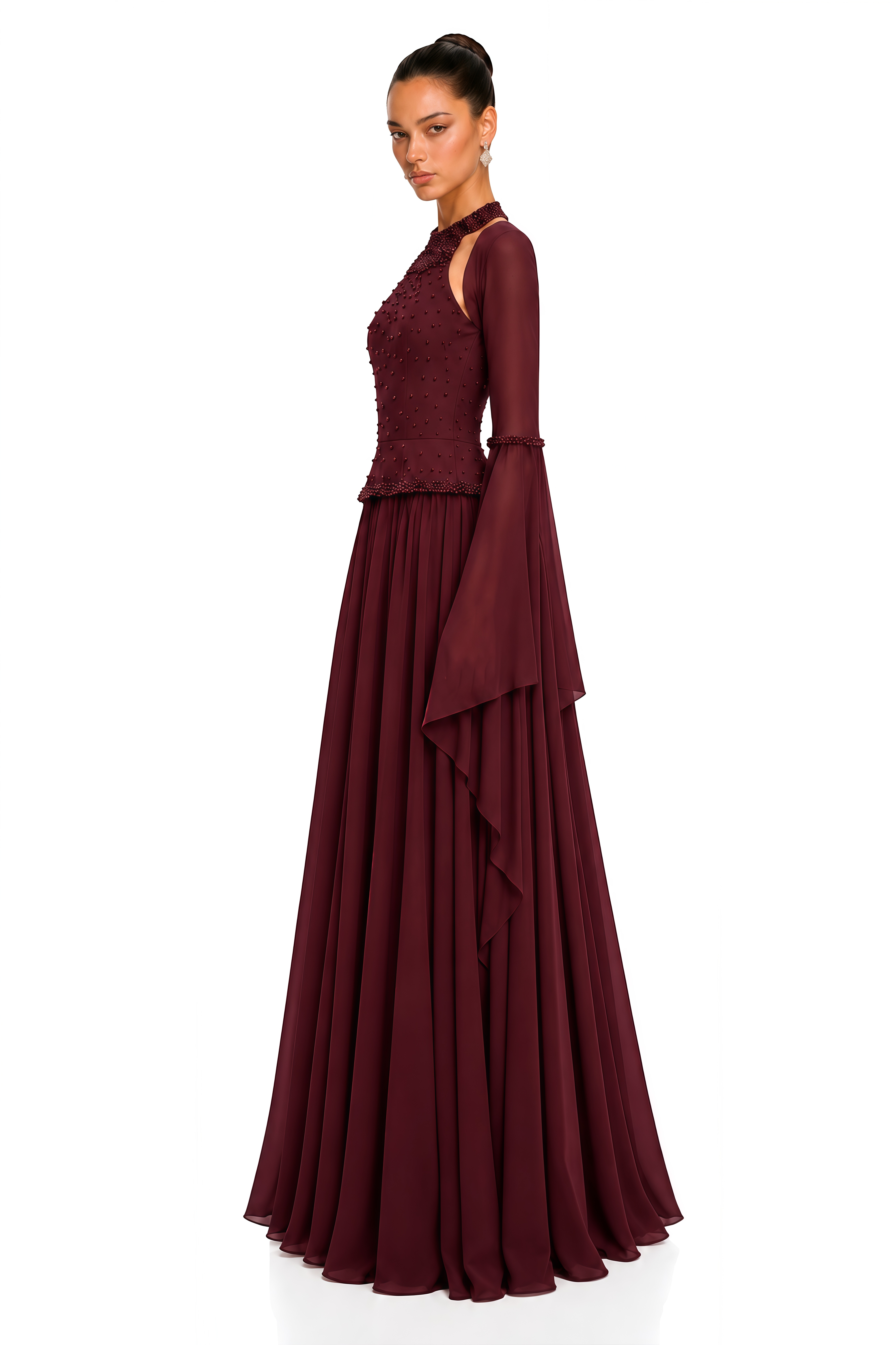Eudora Burgundy Embellished Halterneck Maxi Dress & Shawl Set