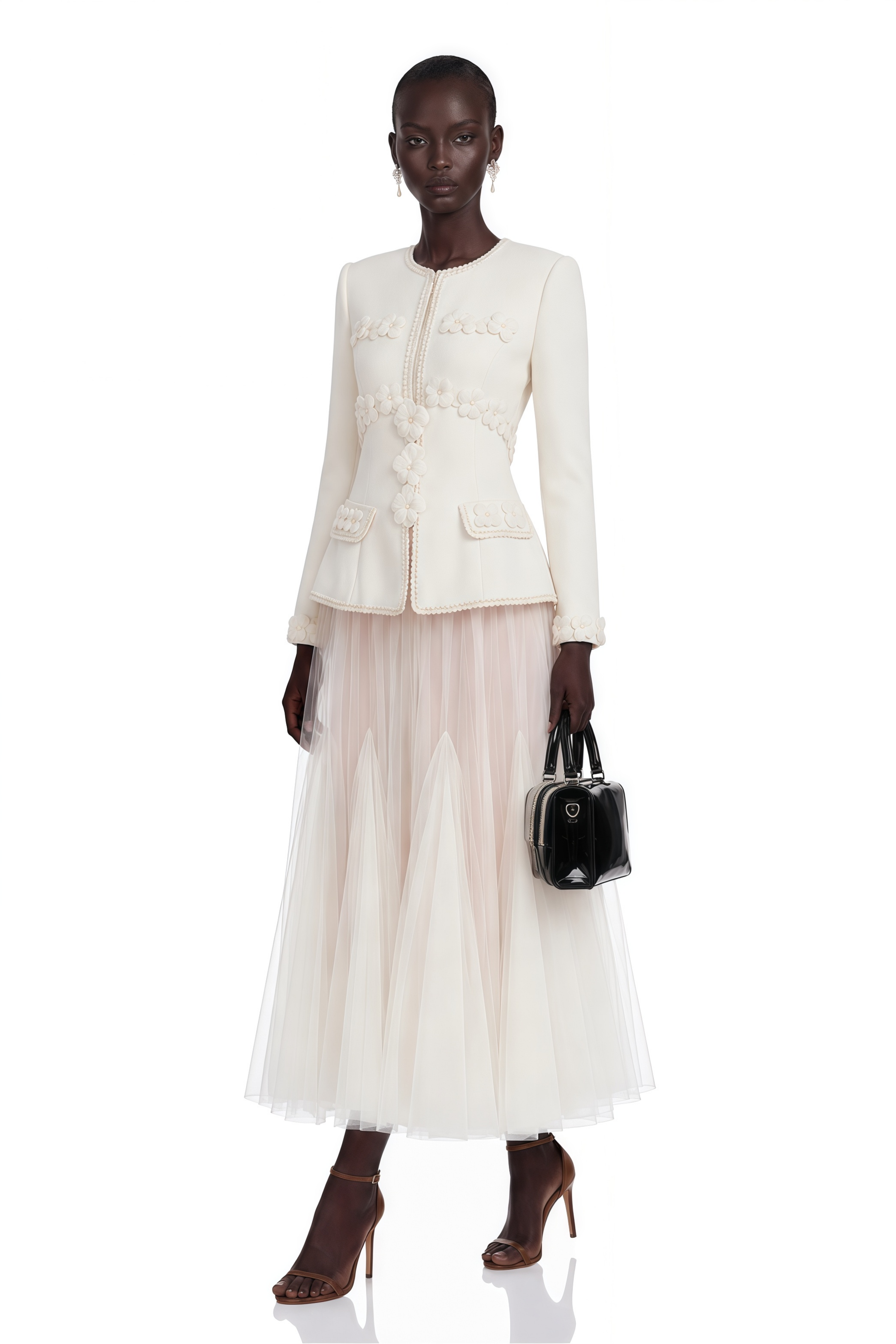 Eudora Cream Tweed Floral Applique Jacket & Skirt Set