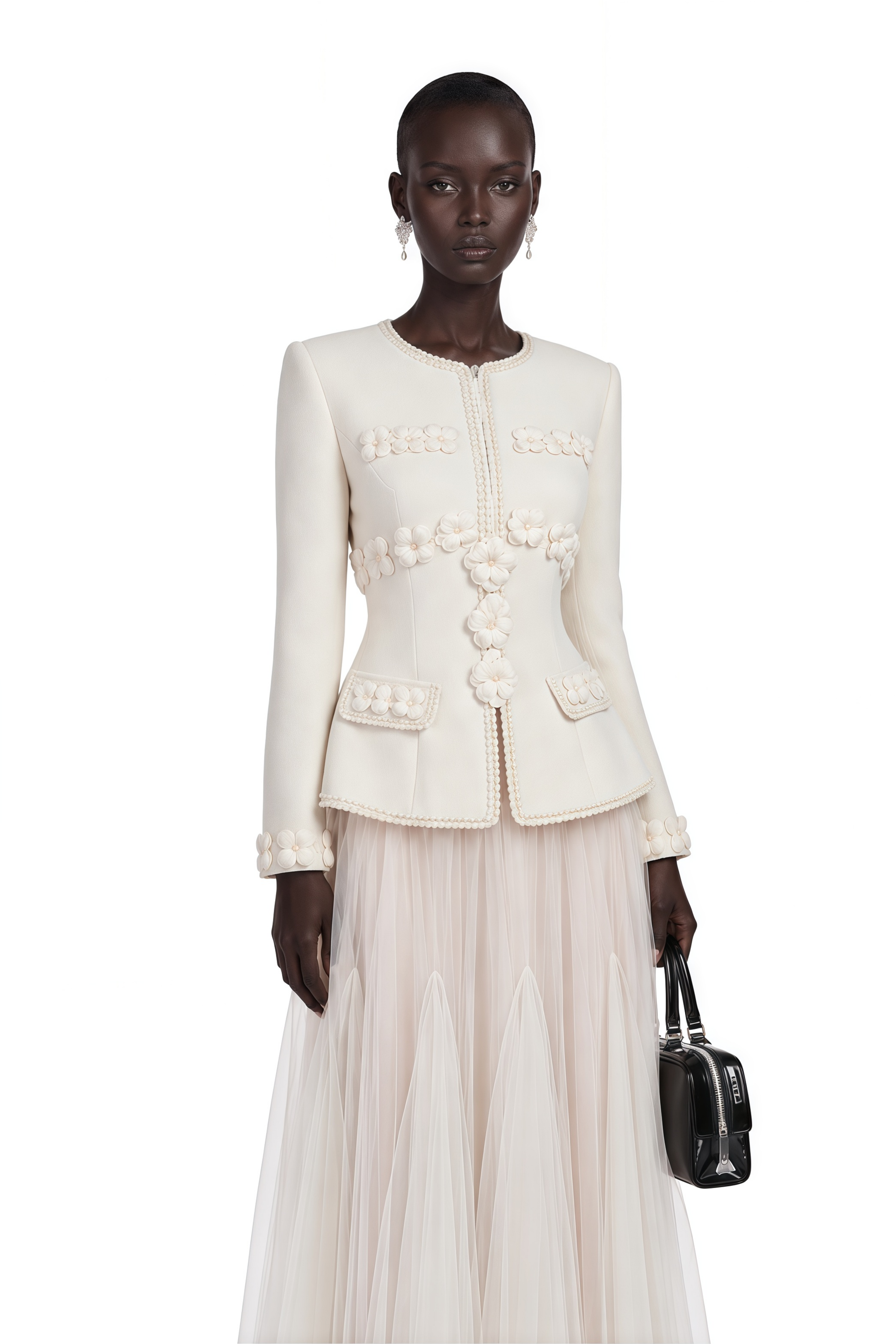 Eudora Cream Tweed Floral Applique Jacket & Skirt Set