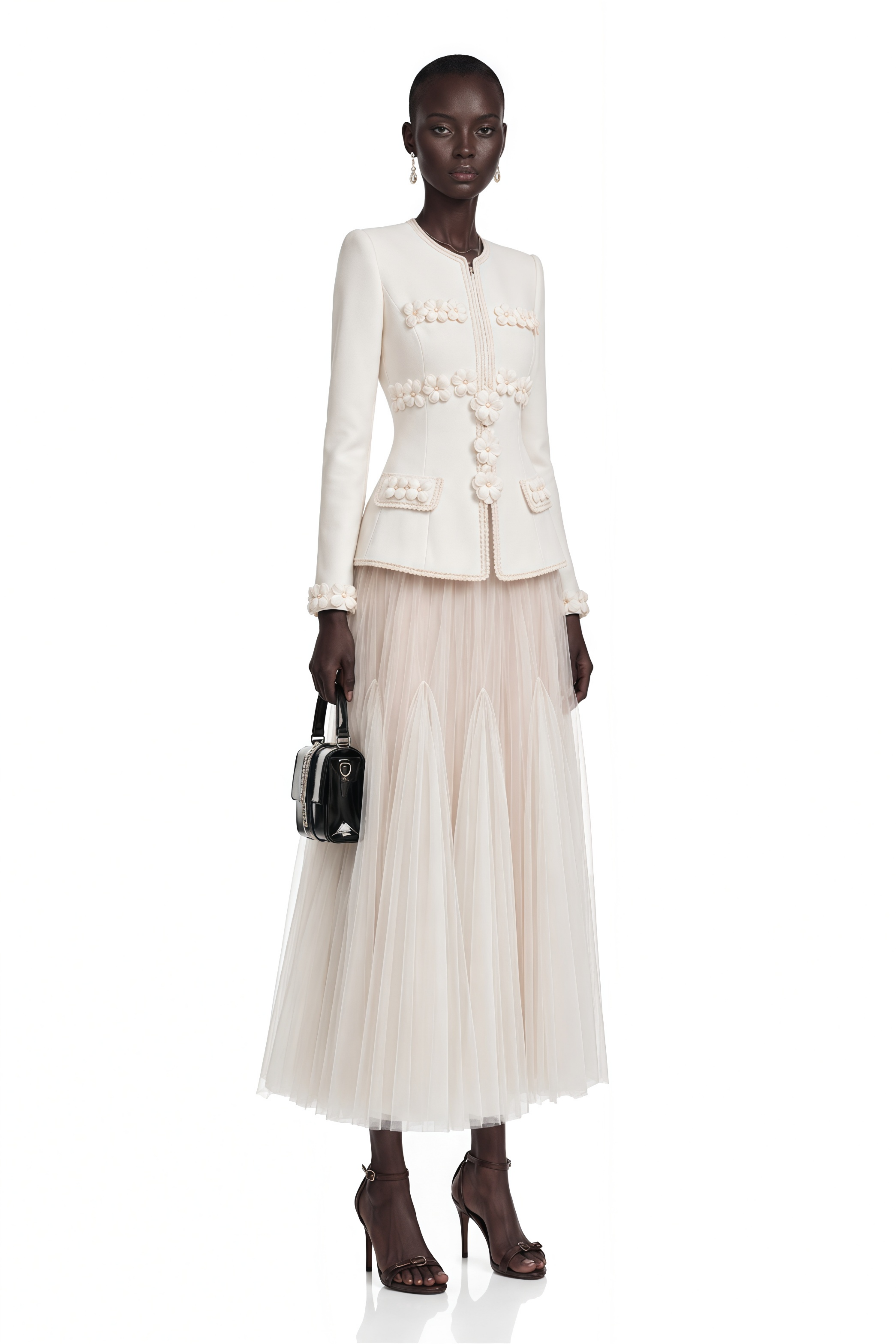 Eudora Cream Tweed Floral Applique Jacket & Skirt Set