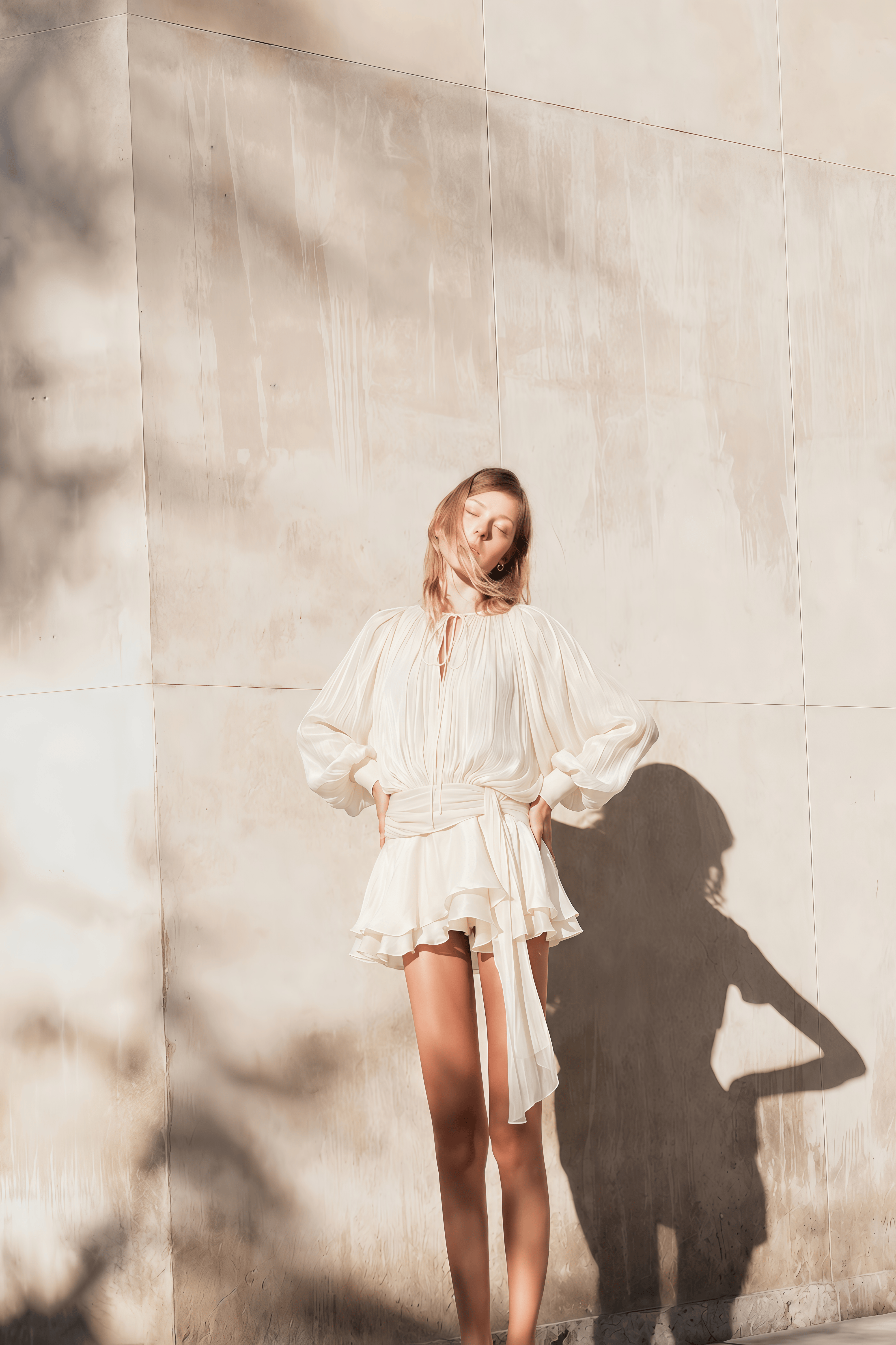 Eugénie Neutral Fully Pleated Ruffled Mini Dress