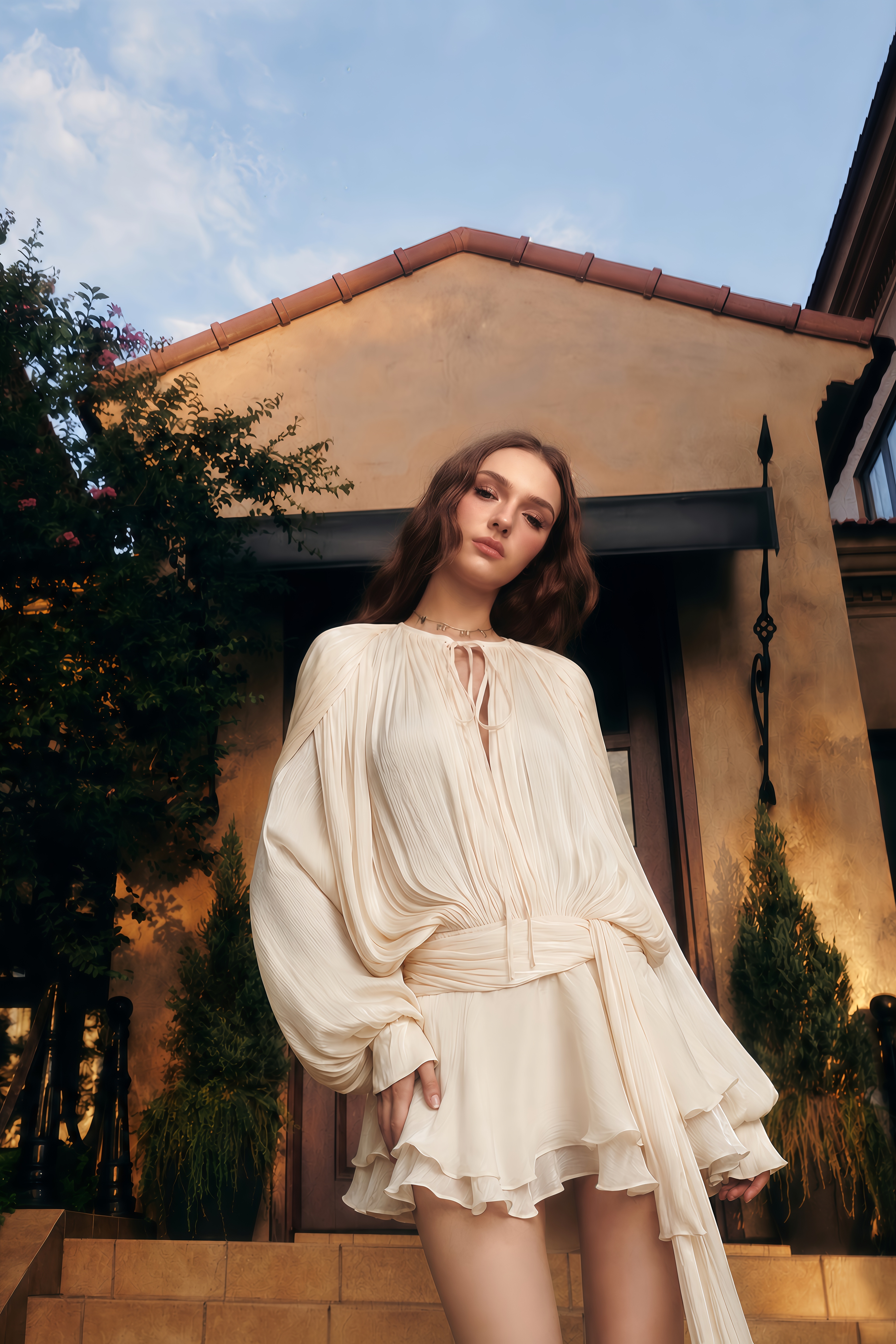 Eugénie Neutral Fully Pleated Ruffled Mini Dress