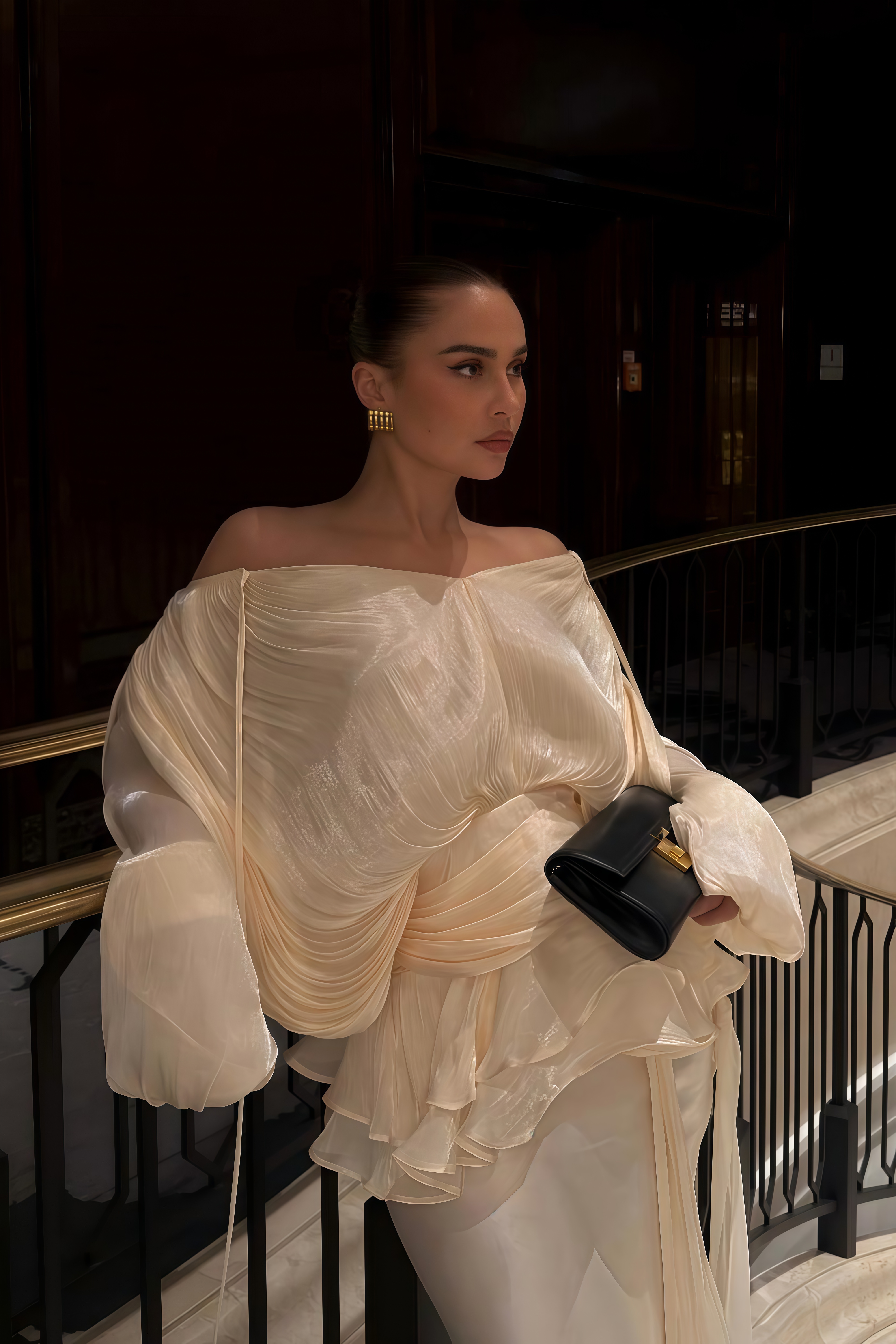 Eugénie Neutral Fully Pleated Ruffled Mini Dress