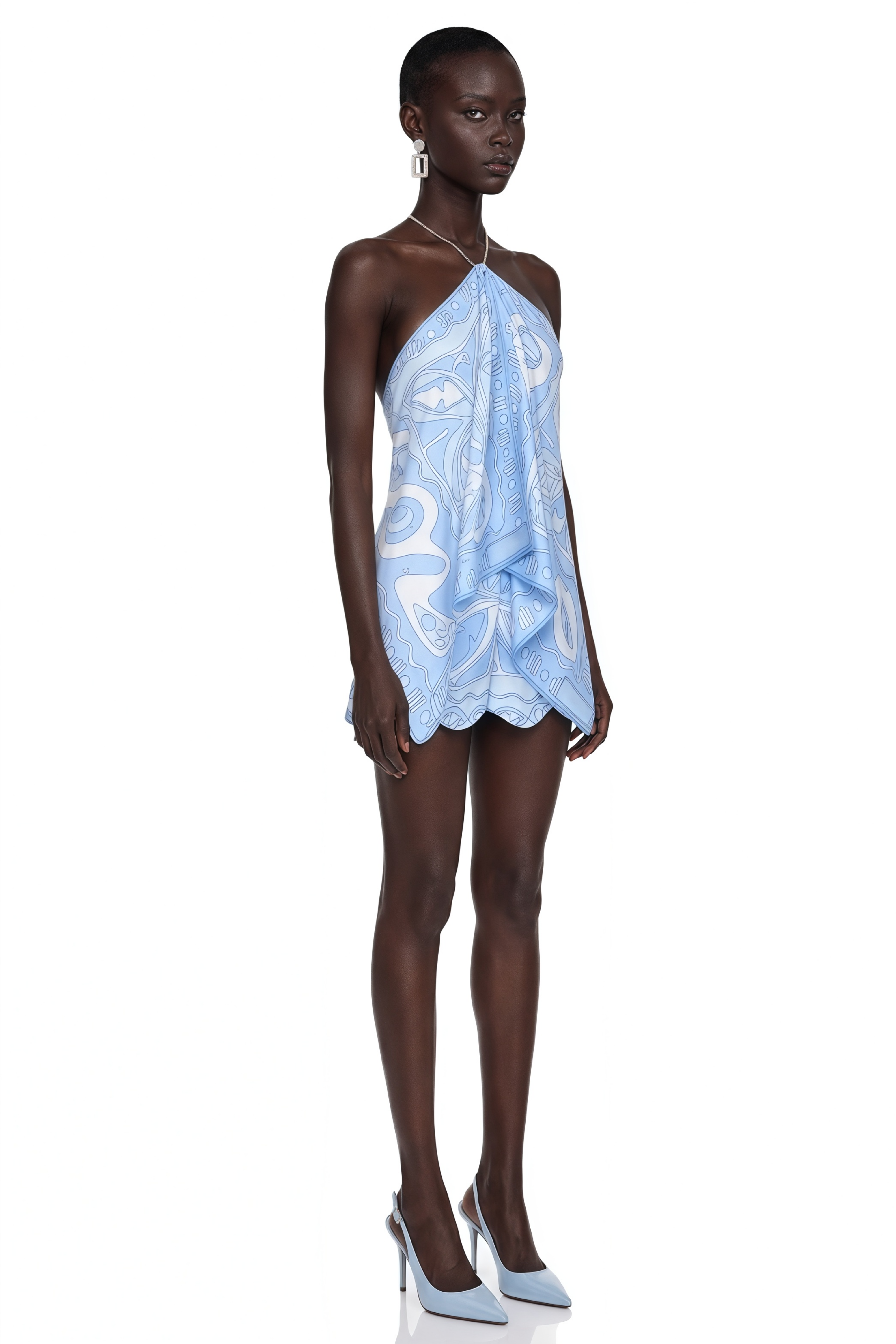 Eulalie Blue Abstract Print Halterneck Draped Top