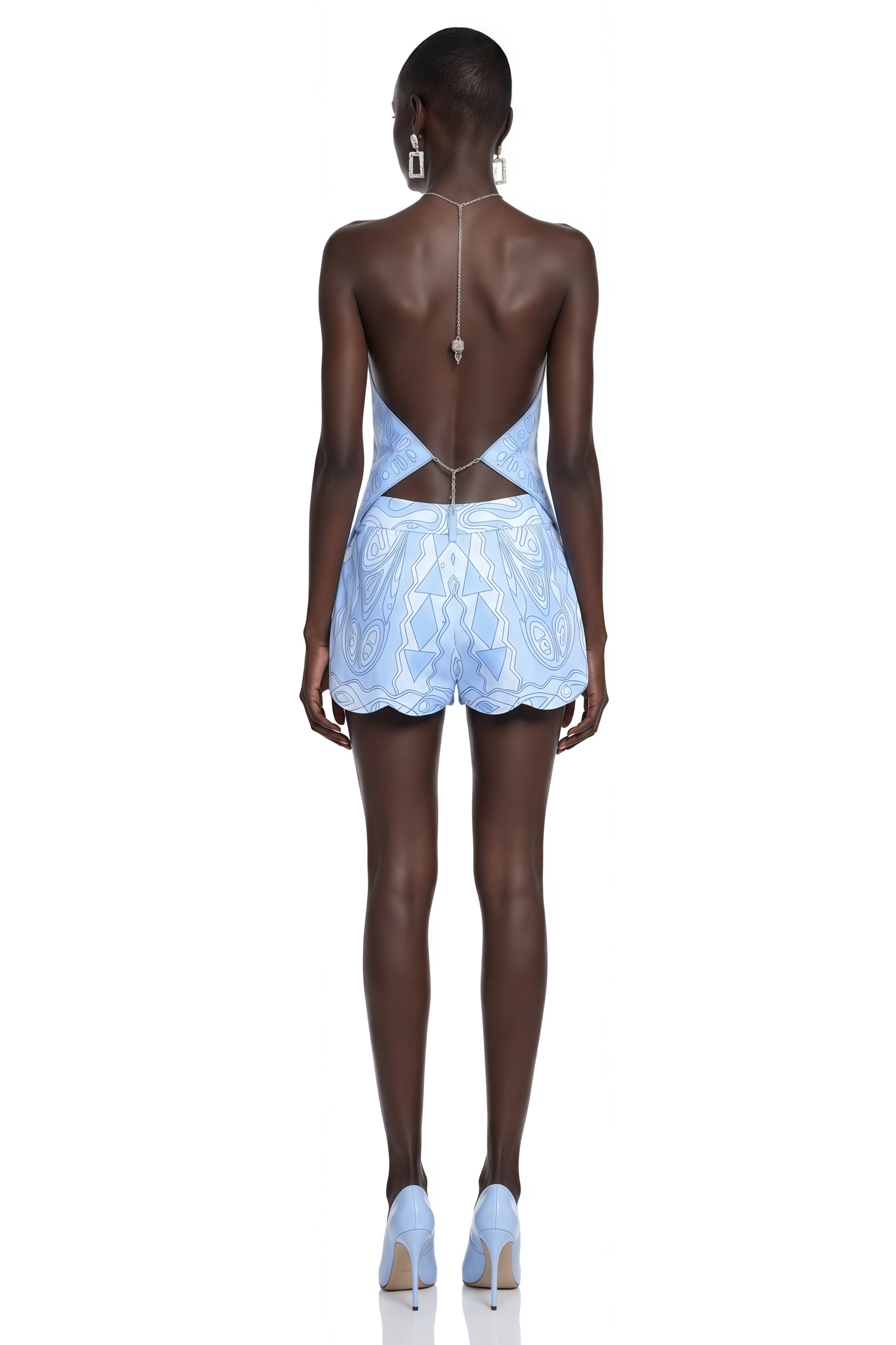 Eulalie Blue Abstract Print Halterneck Draped Top