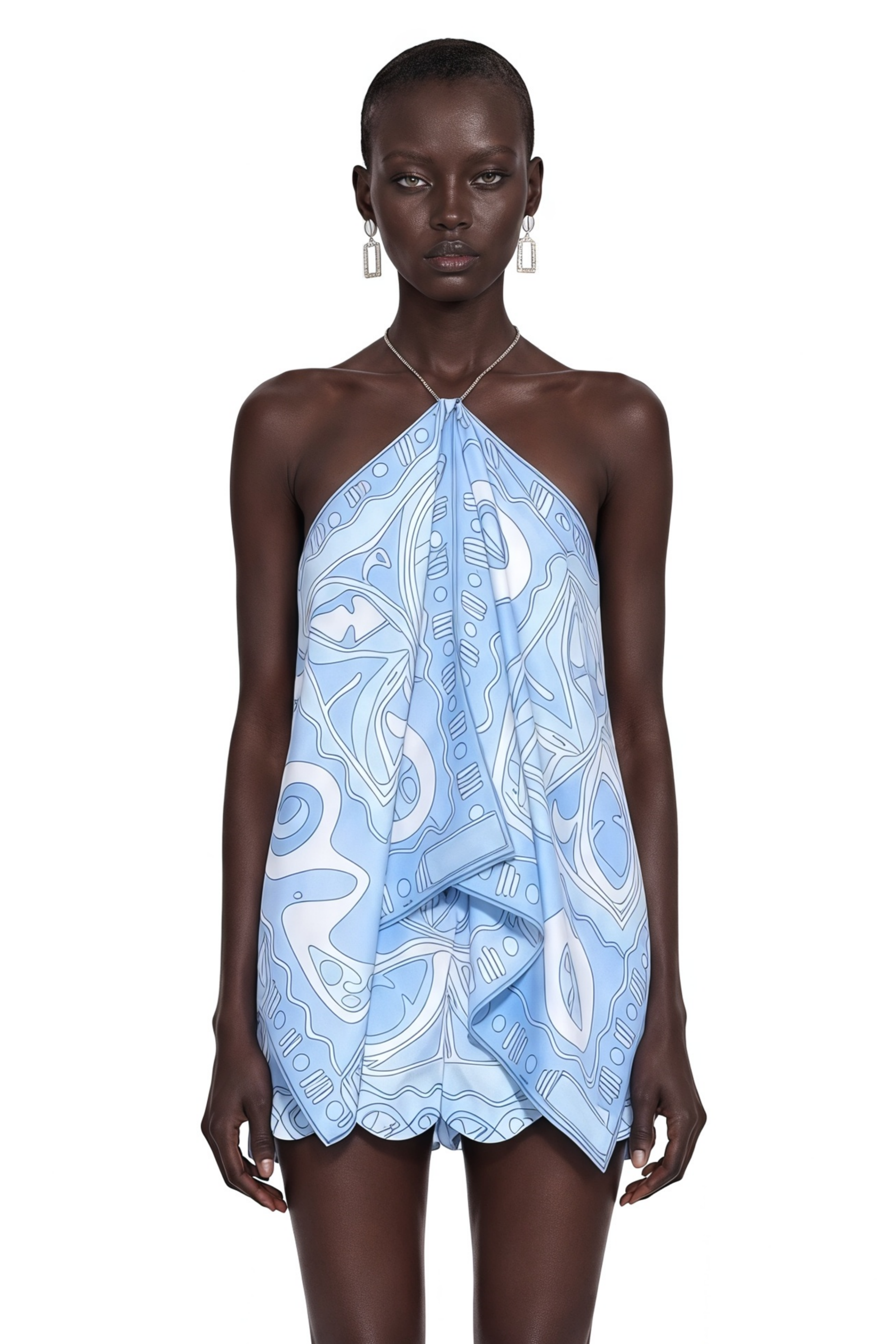 Eulalie Blue Abstract Print Halterneck Draped Top