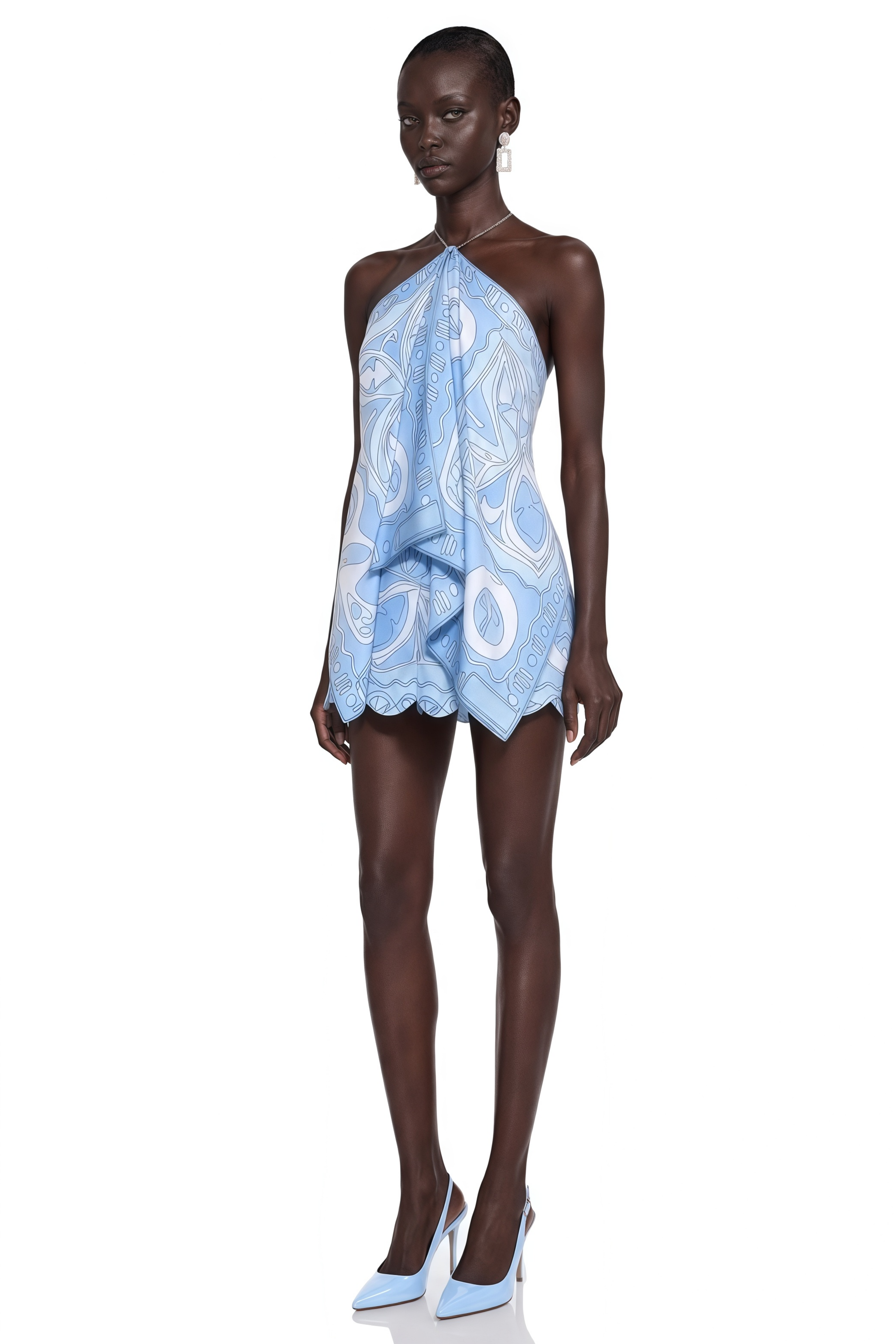 Eulalie Blue Abstract Print Halterneck Draped Top