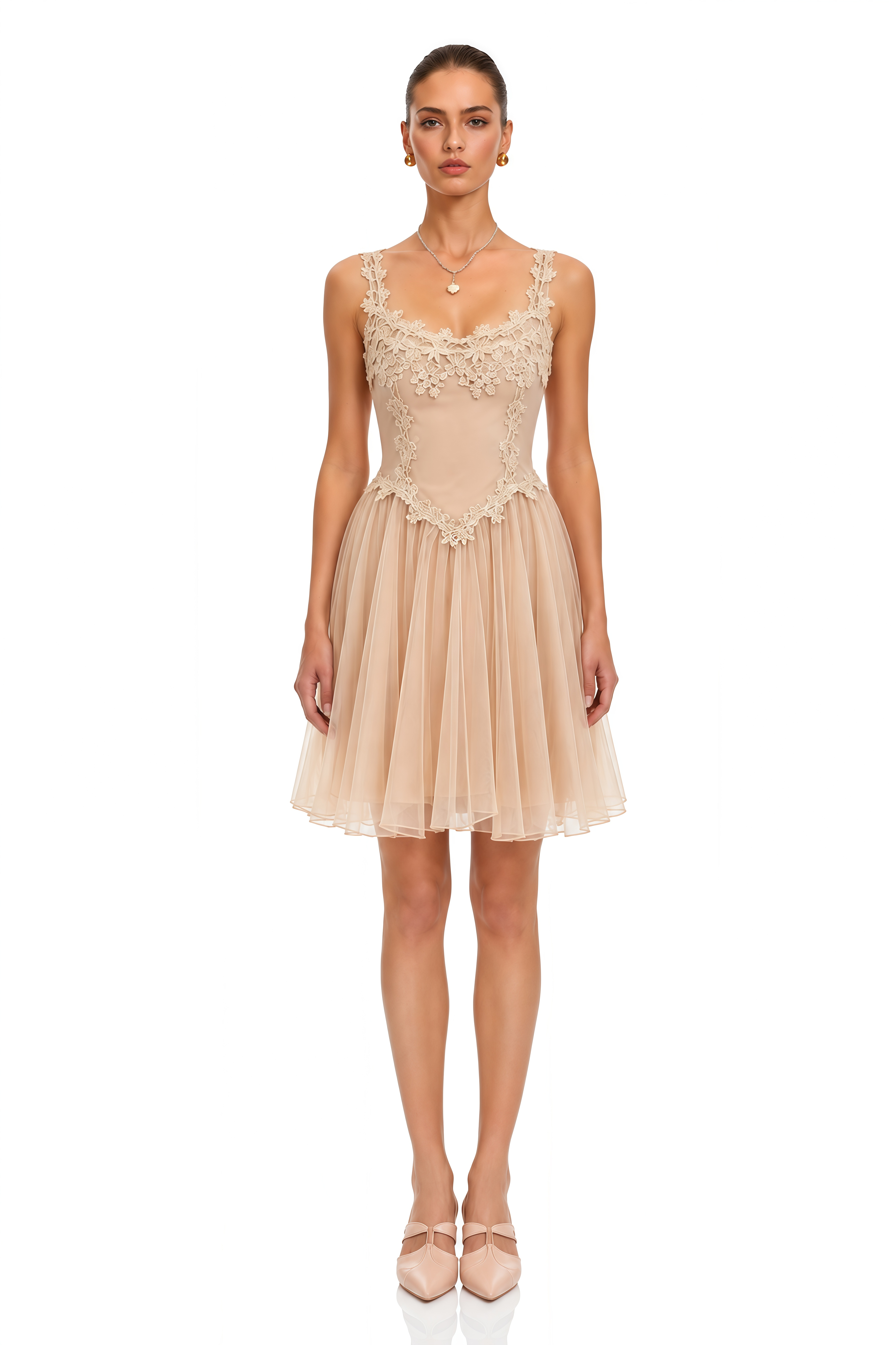 Eulalie Neutral Lace Corset Tulle Mini Dress