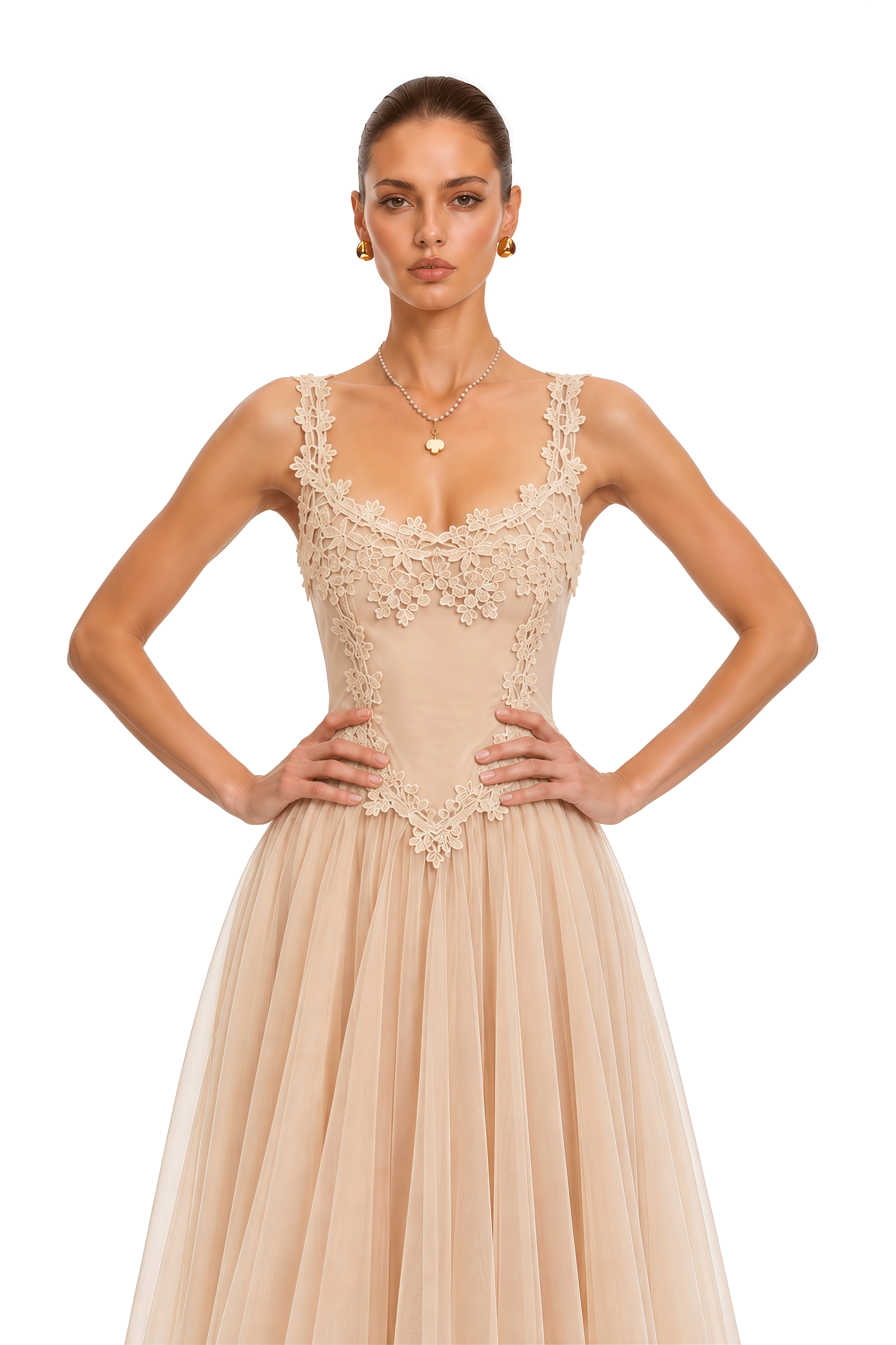 Eulalie Neutral Lace Corset Tulle Mini Dress