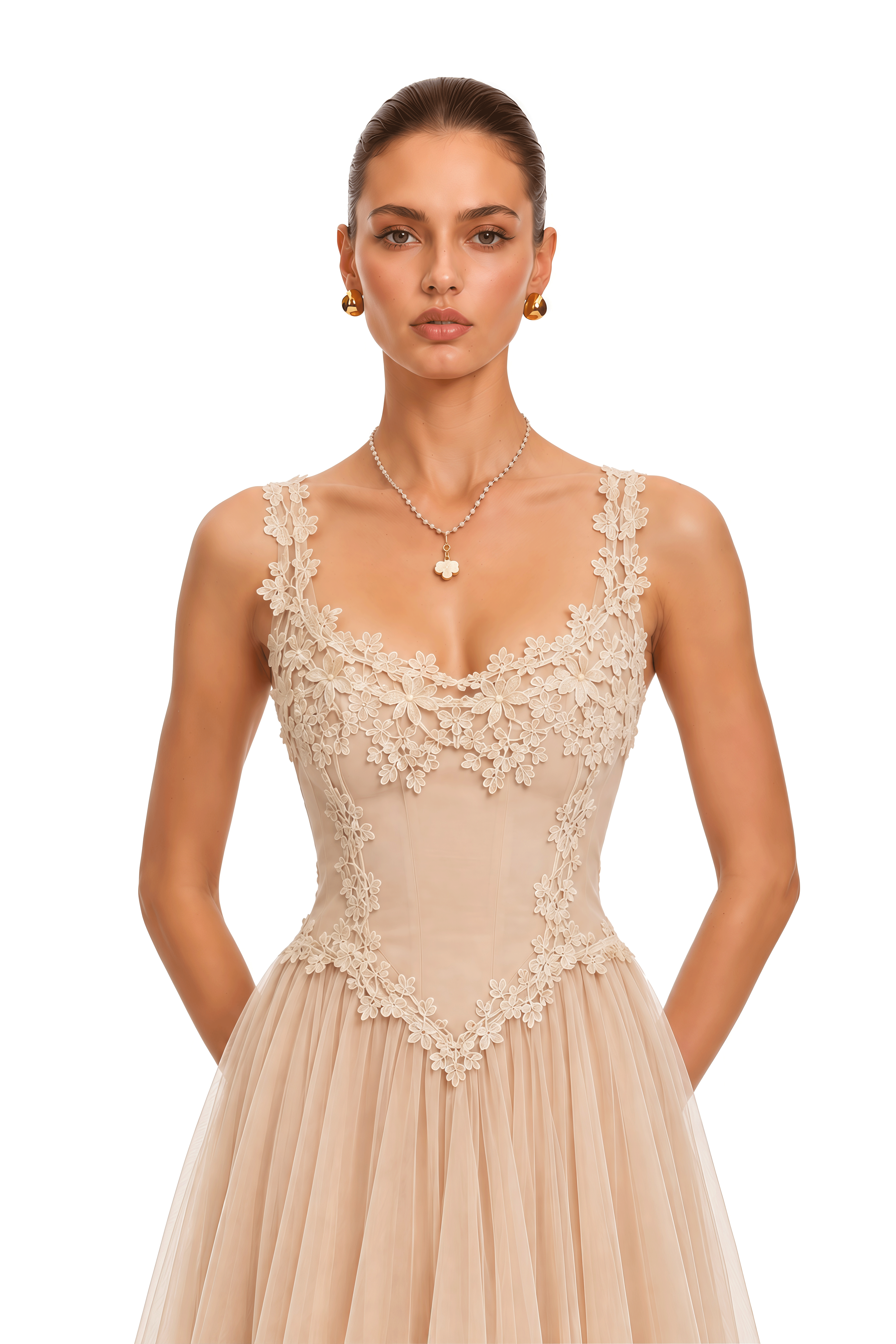 Eulalie Neutral Lace Corset Tulle Mini Dress