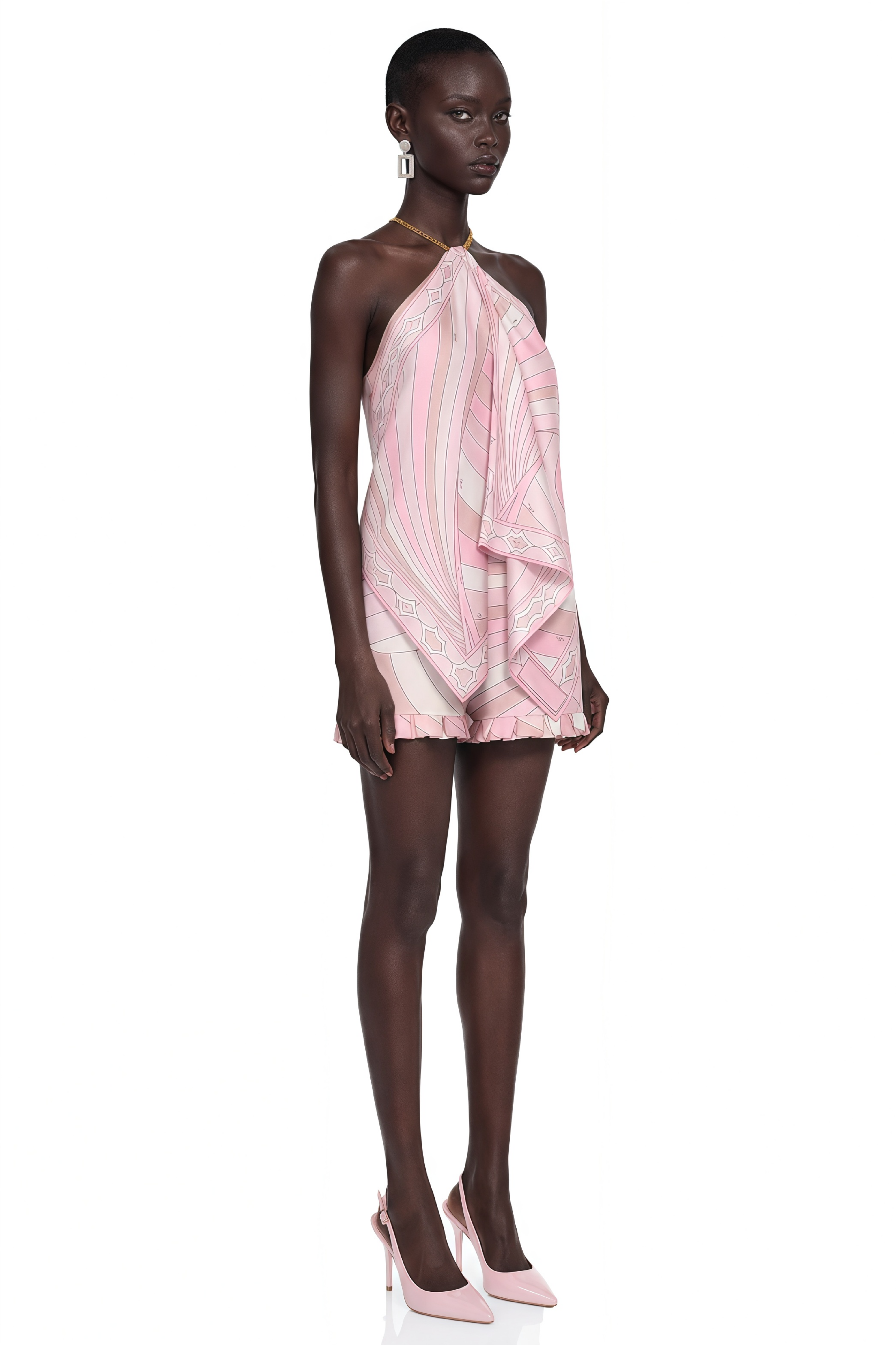 Eulalie Pink Abstract Print Halterneck Draped Top