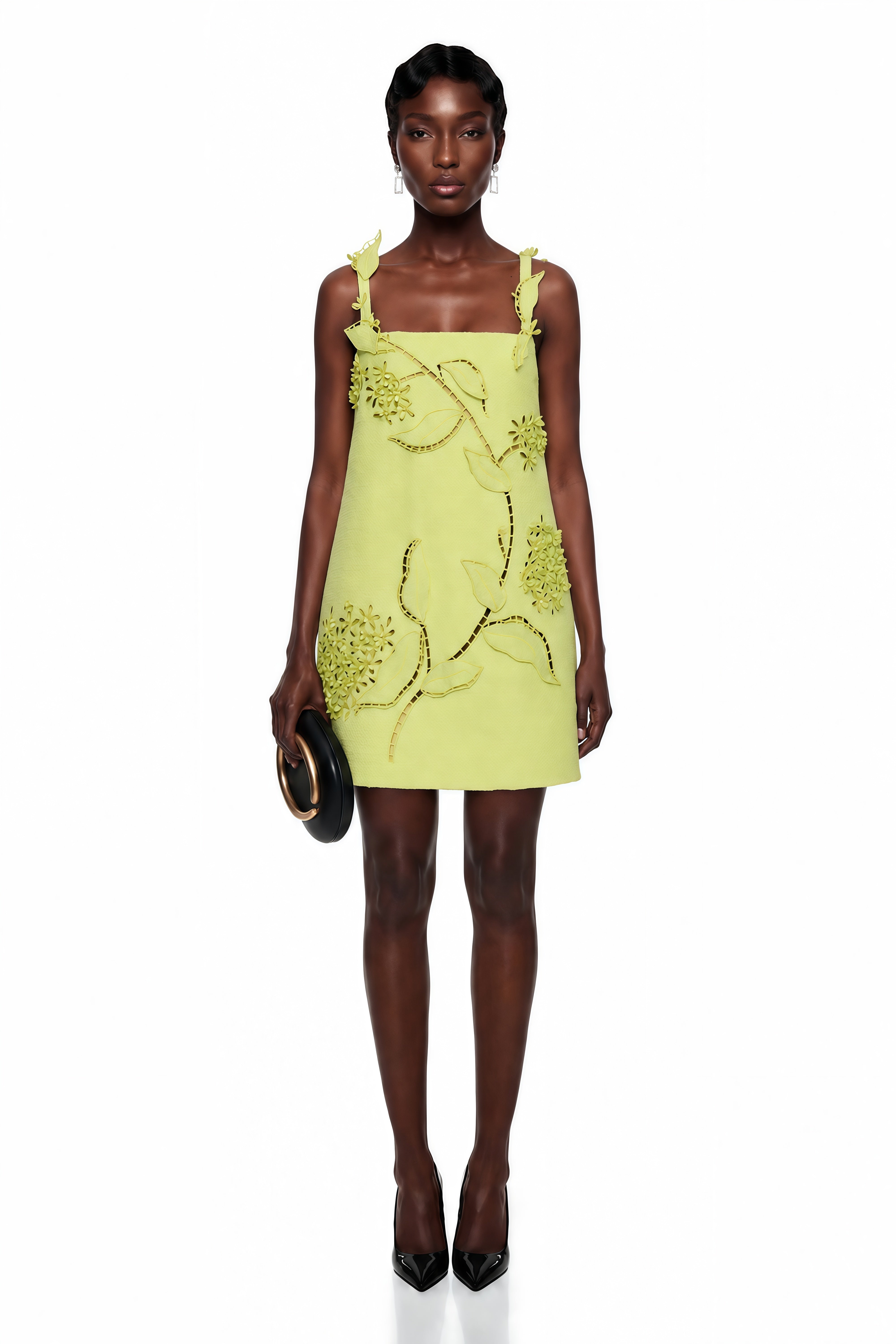 Lime green structured mini dress featuring cutout vine embroidery and 3D floral appliqués with matching lace straps