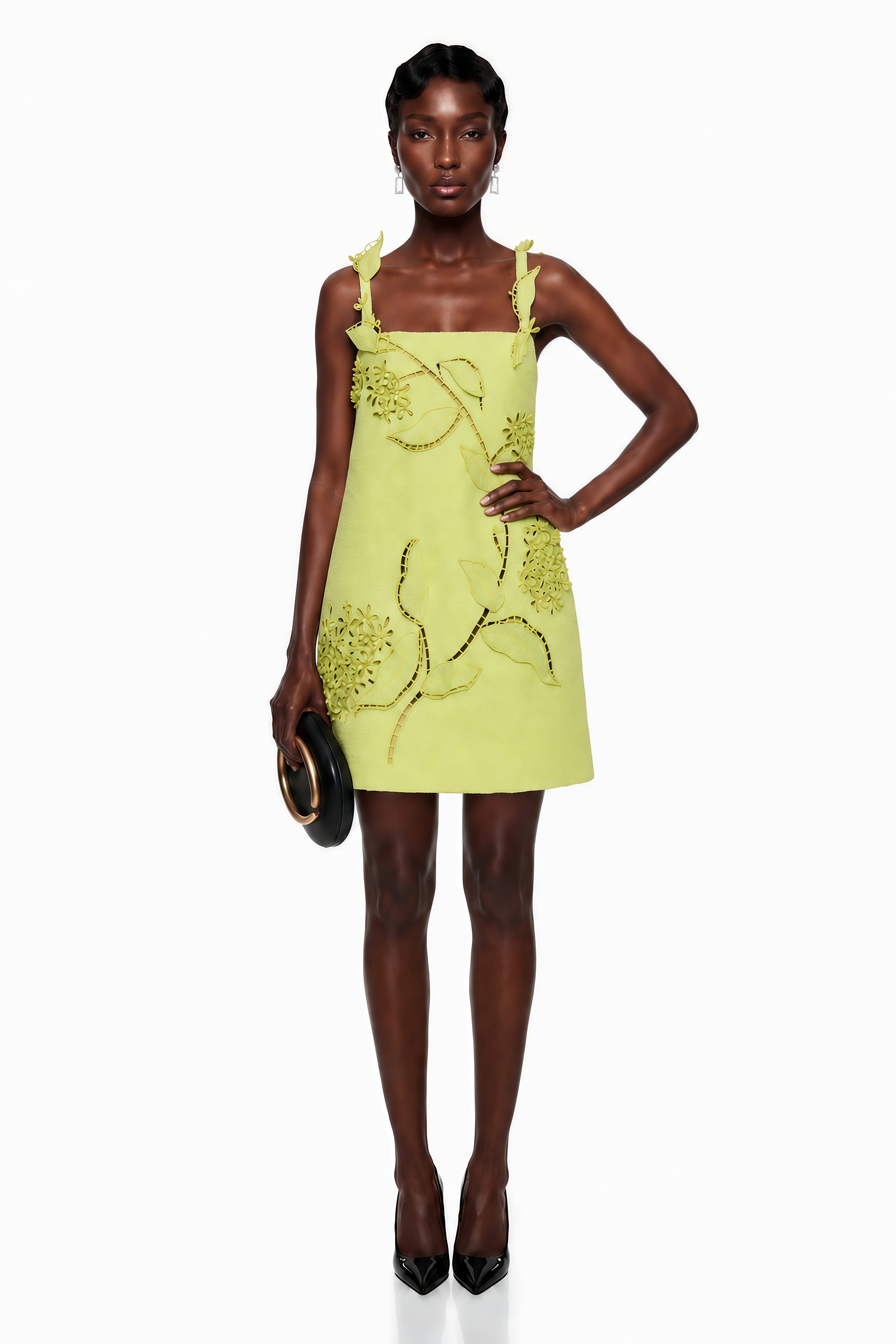 Lime green structured mini dress featuring cutout vine embroidery and 3D floral appliqués with matching lace straps