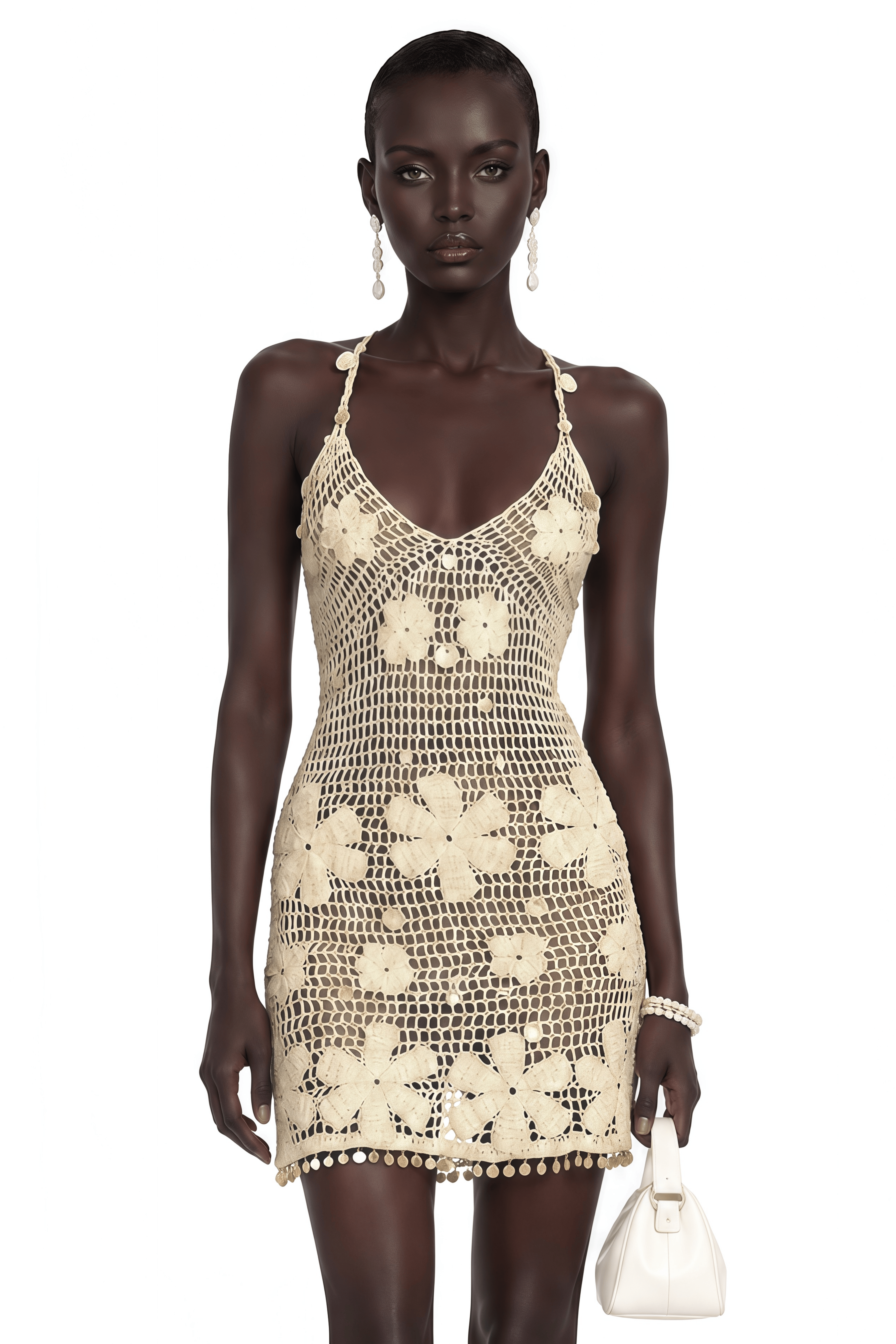 Euphrasie Neutral Crochet Mini Dress